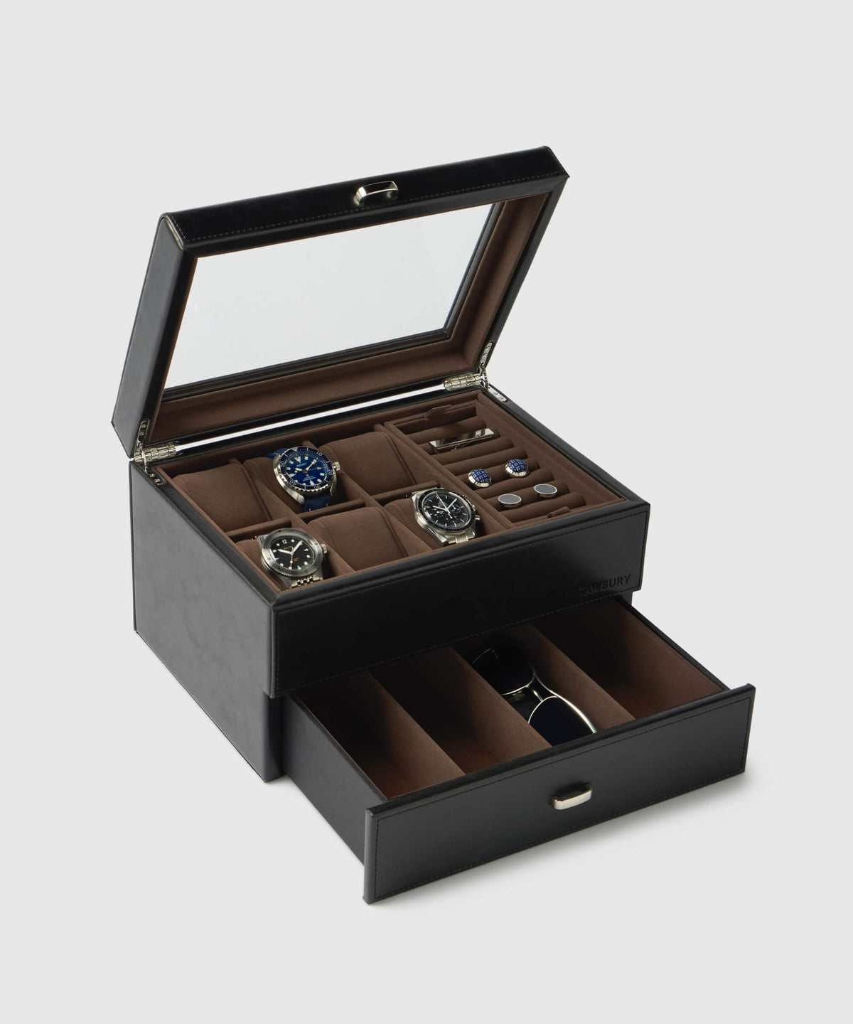 TAWBURY's Bayswater 6 Watch Jewellery Box in Black/Grey, made from premium vegan leather, features an open lid like a glass exhibition window to showcase sleek watches and cufflinks. It also includes a handy drawer below to elegantly store sunglasses.