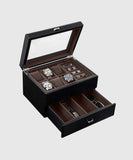 A TAWBURY Bayswater 6 Watch Jewellery Box - Black displaying various timepieces.