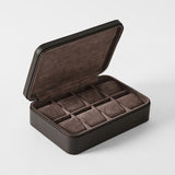 The TAWBURY Fraser 8 Watch Case in Espresso Brown features a hinged lid and eight padded compartments lined with brown velvet—ideal storage for your treasured timepieces.