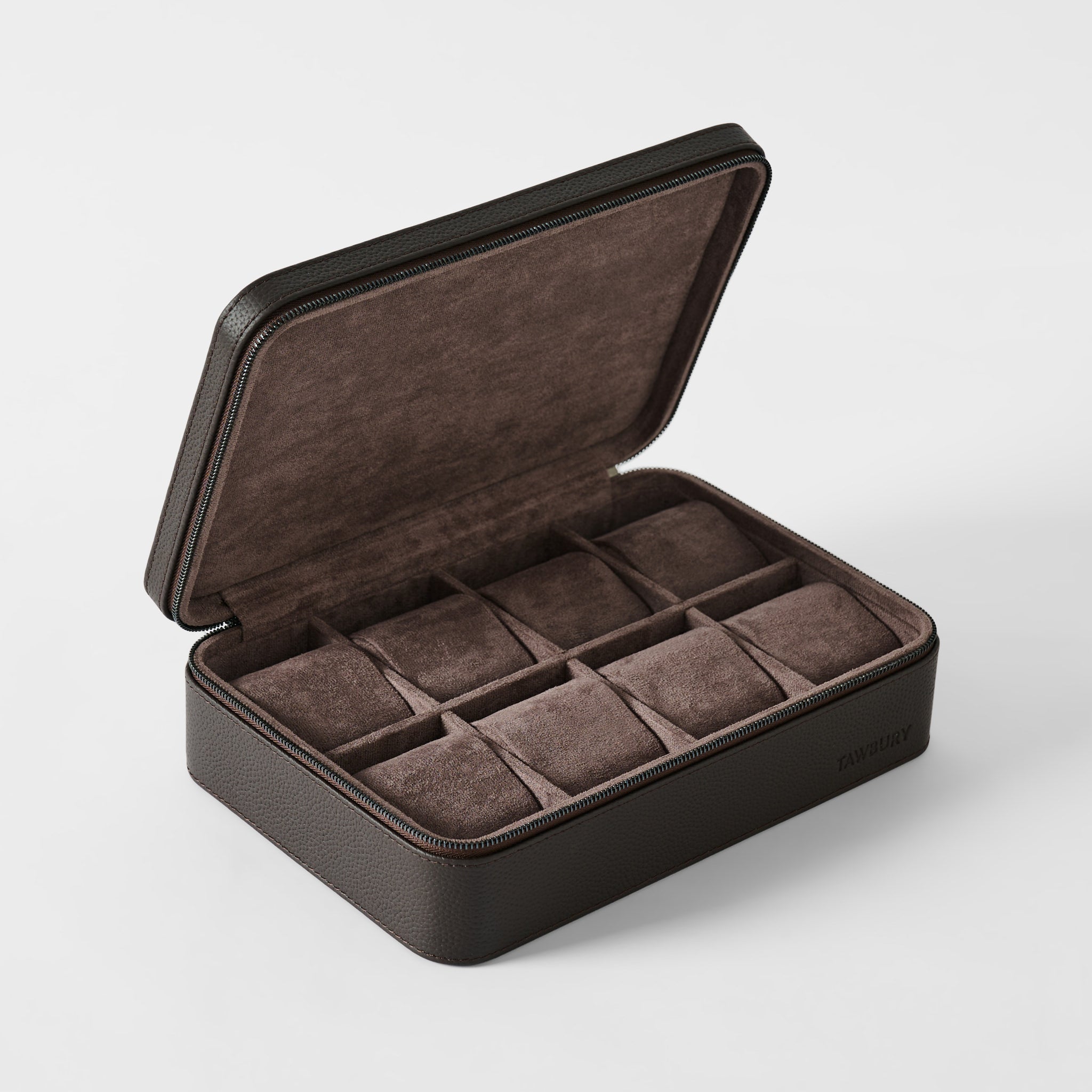 The TAWBURY Fraser 8 Watch Case in Espresso Brown features a hinged lid and eight padded compartments lined with brown velvet—ideal storage for your treasured timepieces.