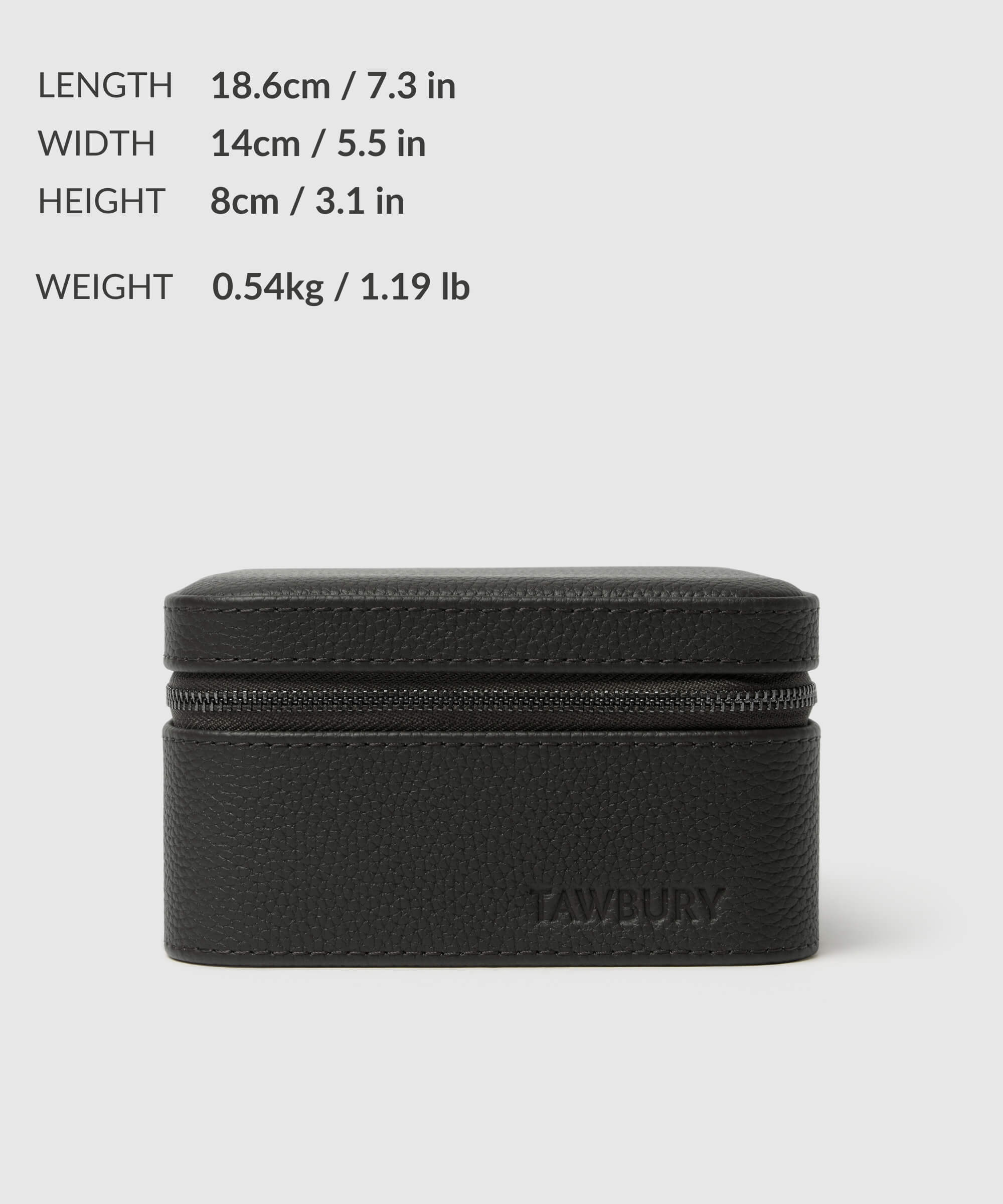 A black zippered case with the brand name "TAWBURY" embossed on it, designed as a luxury leather watch case. Perfect for watch storage, its dimensions are 18.6 cm x 14 cm x 8 cm and it weighs 0.54 kg.