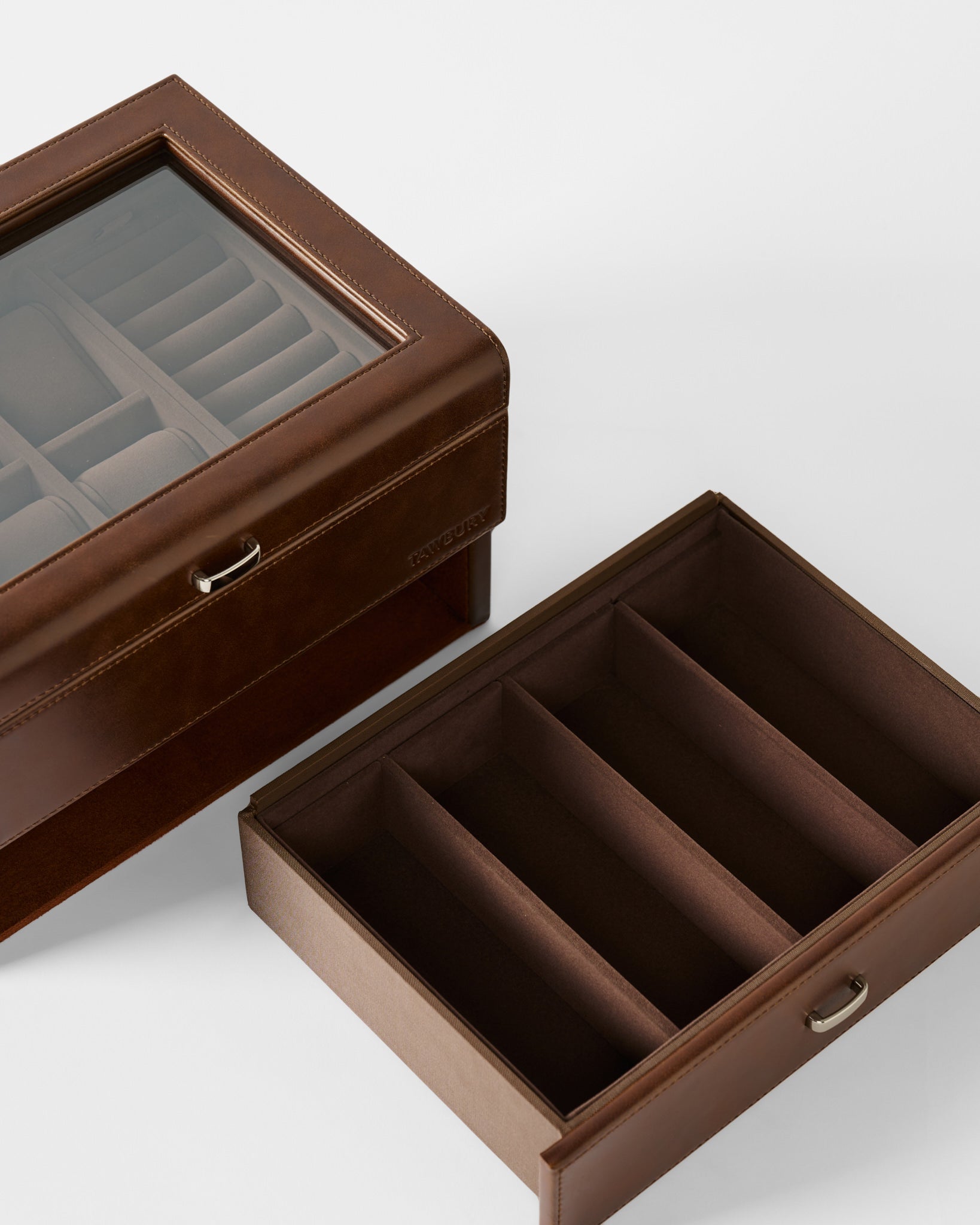 The TAWBURY Bayswater 6 Watch Jewelry Box - Brown features a glass lid, multiple compartments, and a separate removable tray with five sections for versatile watch storage.