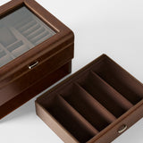 The TAWBURY Bayswater 6 Watch Jewelry Box - Brown features a glass lid, multiple compartments, and a separate removable tray with five sections for versatile watch storage.