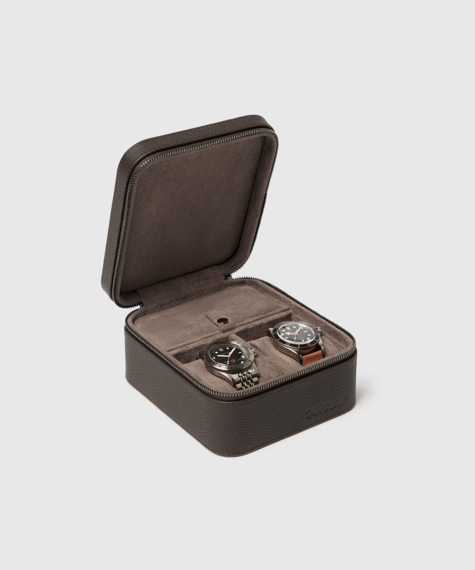 Two Fraser 2 Watch Travel Cases with Storage - Brown in a box on a white background, by TAWBURY.