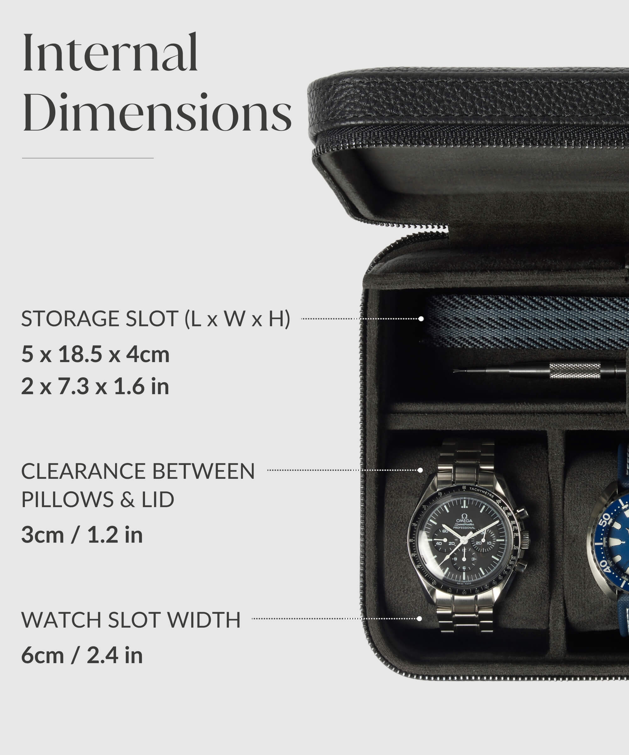 A sleek TAWBURY Fraser 3 Watch Travel Case with Storage - Black designed for convenient storage and showcasing of four watches during your travel experience.