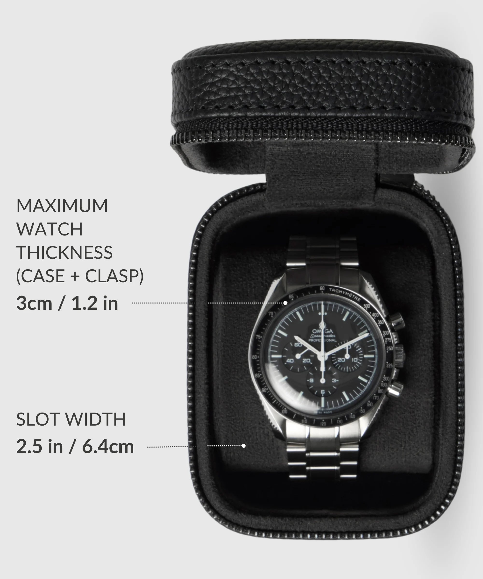 The TAWBURY Fraser 1 Watch Travel Case - Black (Coming Soon) holds a wristwatch up to 3cm/1.2in thick with a slot width of 2.5in/6.4cm, providing secure protection for your watch during travel.