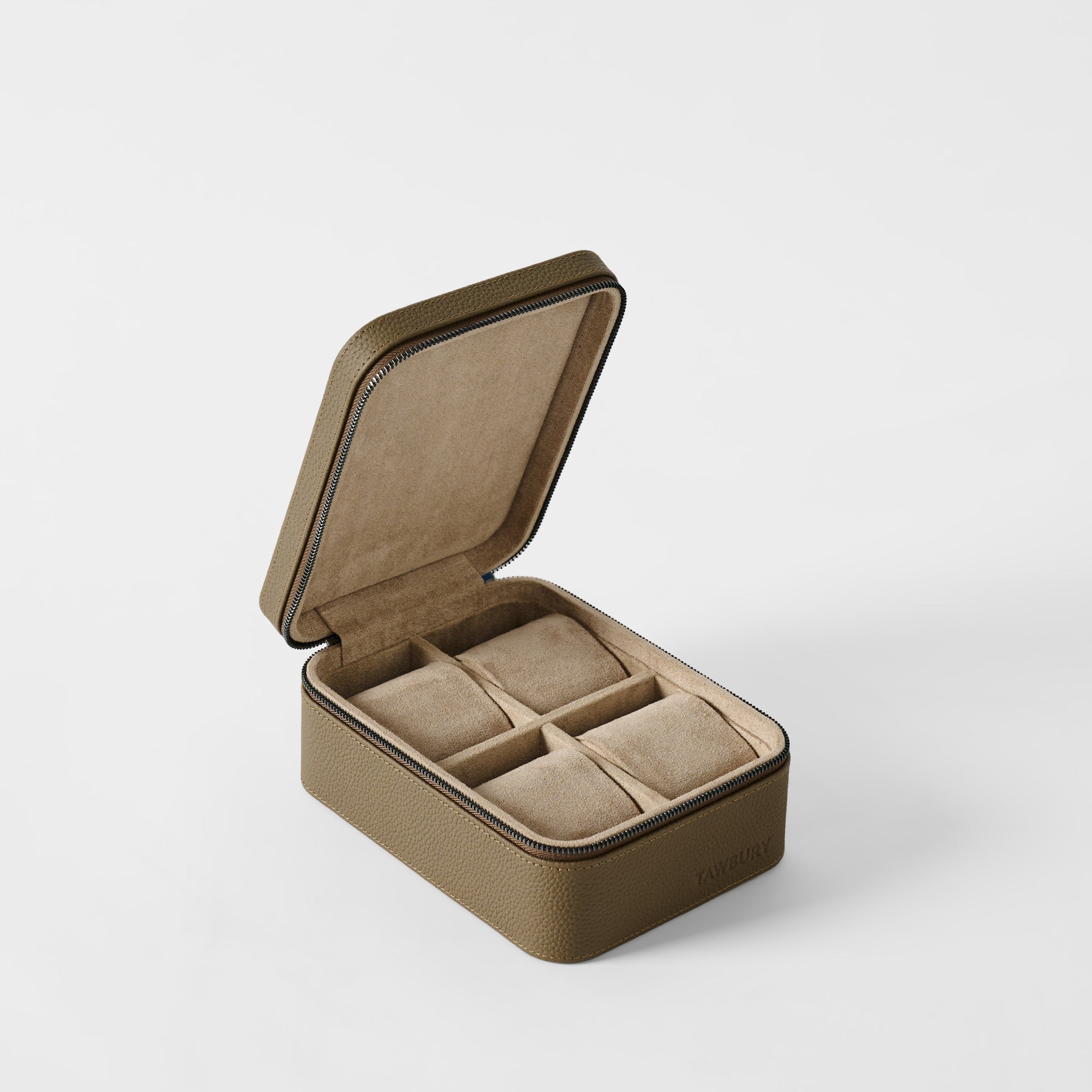 The TAWBURY Fraser 4 Watch Case in Truffle Taupe features an open lid, four beige cushioned compartments, and offers stylish protection and storage for up to four watches.