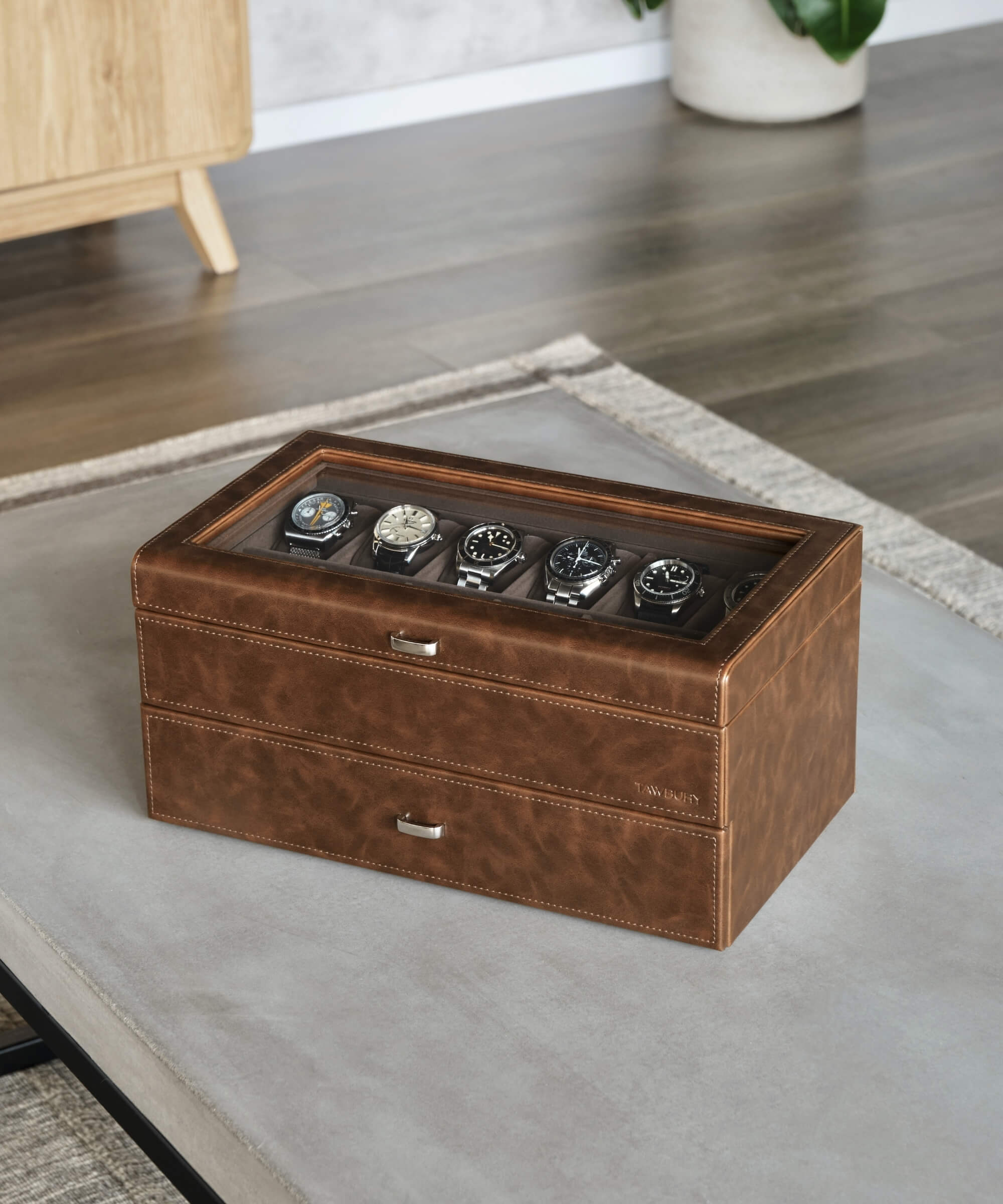 A TAWBURY Bayswater 24 Slot Watch Box with Drawer - Brown, perfect for watch enthusiasts, neatly organizes timepieces.