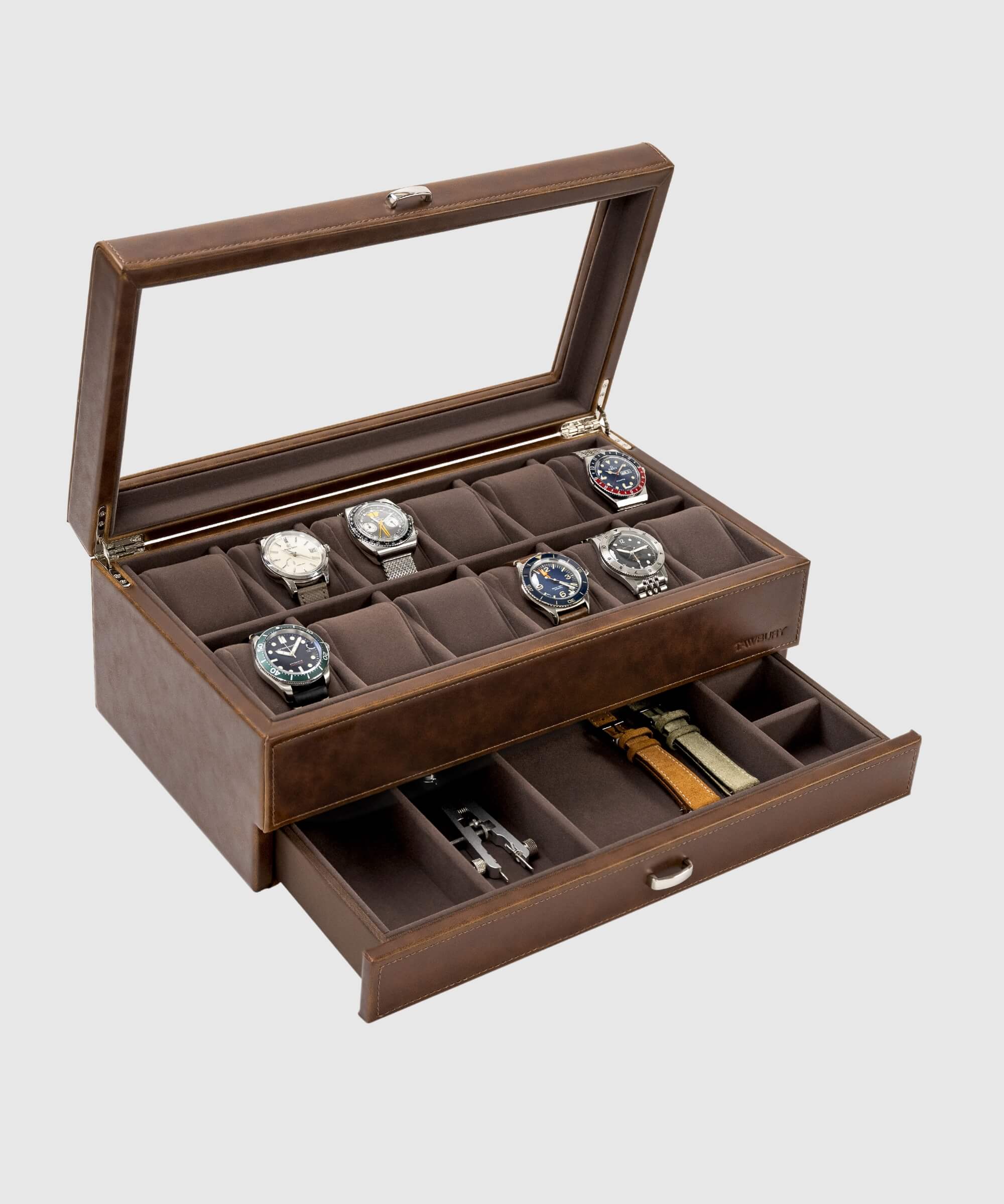 A Bayswater 12 Slot Watch Box with Drawer - Brown made by TAWBURY for storage of multiple timepieces.