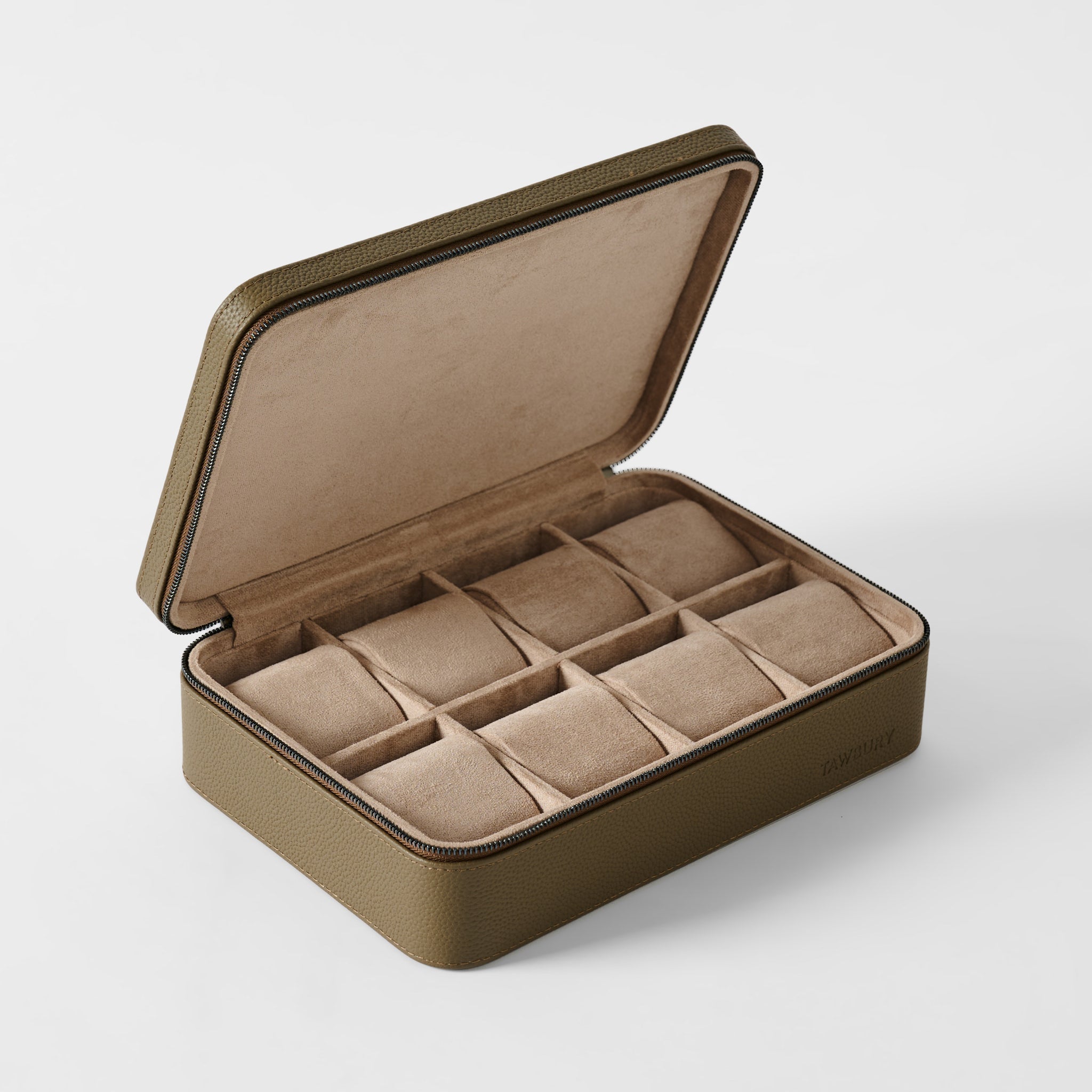 The TAWBURY Fraser 8 Watch Case in Truffle Taupe features a hinged lid, luxe brown leather, and eight cushioned compartments lined with beige fabric—an elegant storage solution for discerning collectors.