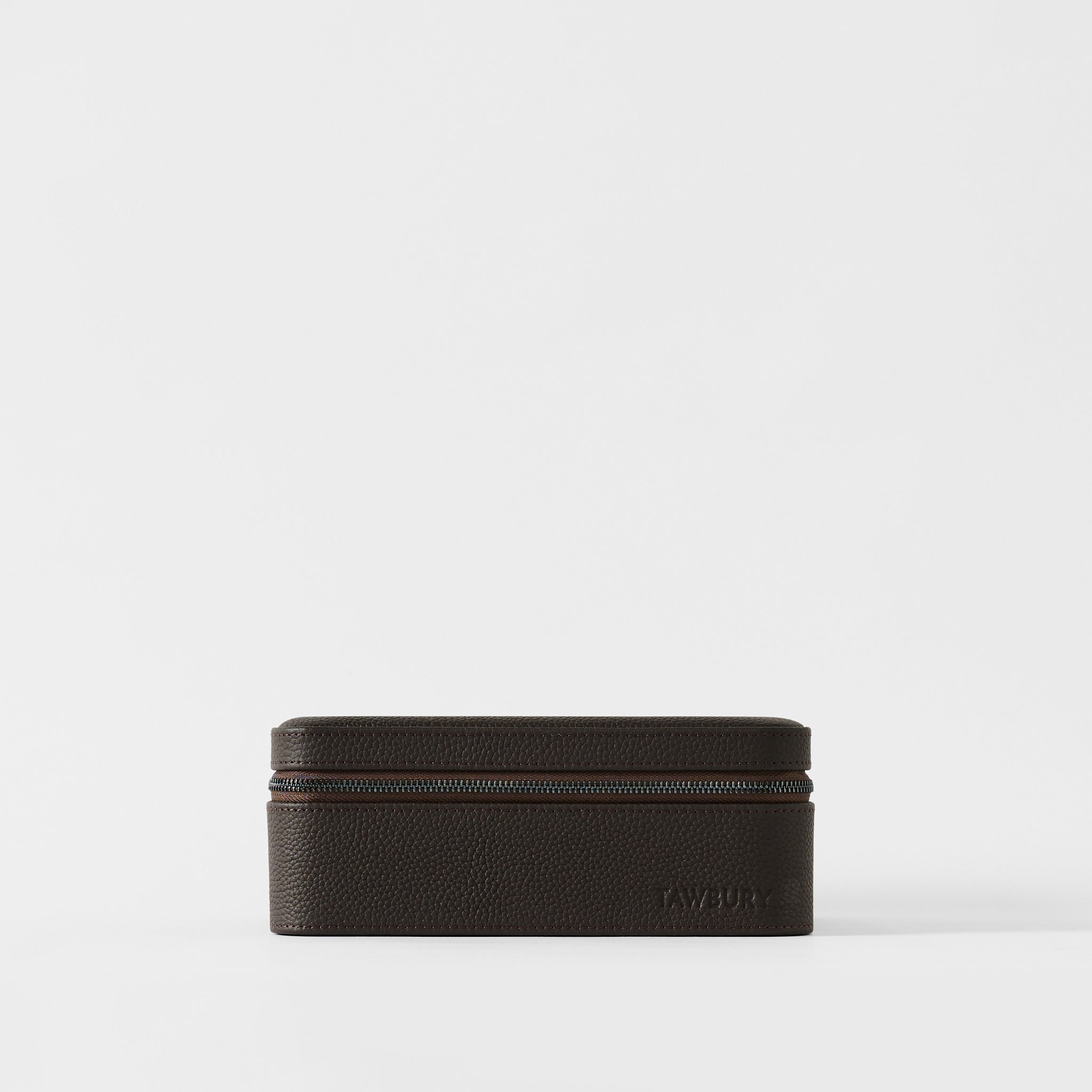 The TAWBURY Fraser 3 Watch Case in Espresso Brown features a textured, rectangular leather design with a zipper closure, set against a plain white background—ideal for secure travel storage of your watches.