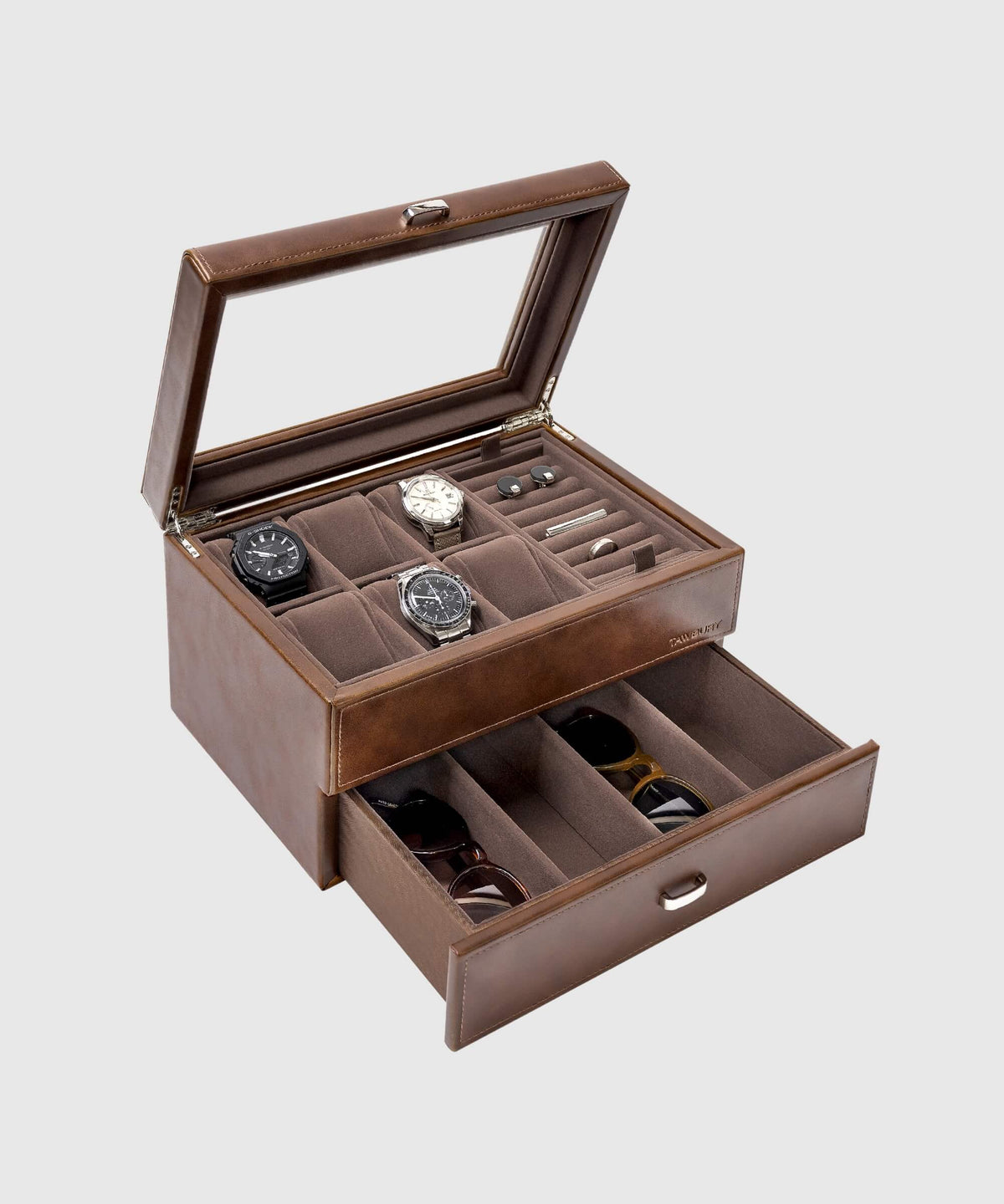 A TAWBURY Bayswater 6 Watch Jewellery Box - Brown with several watches inside.