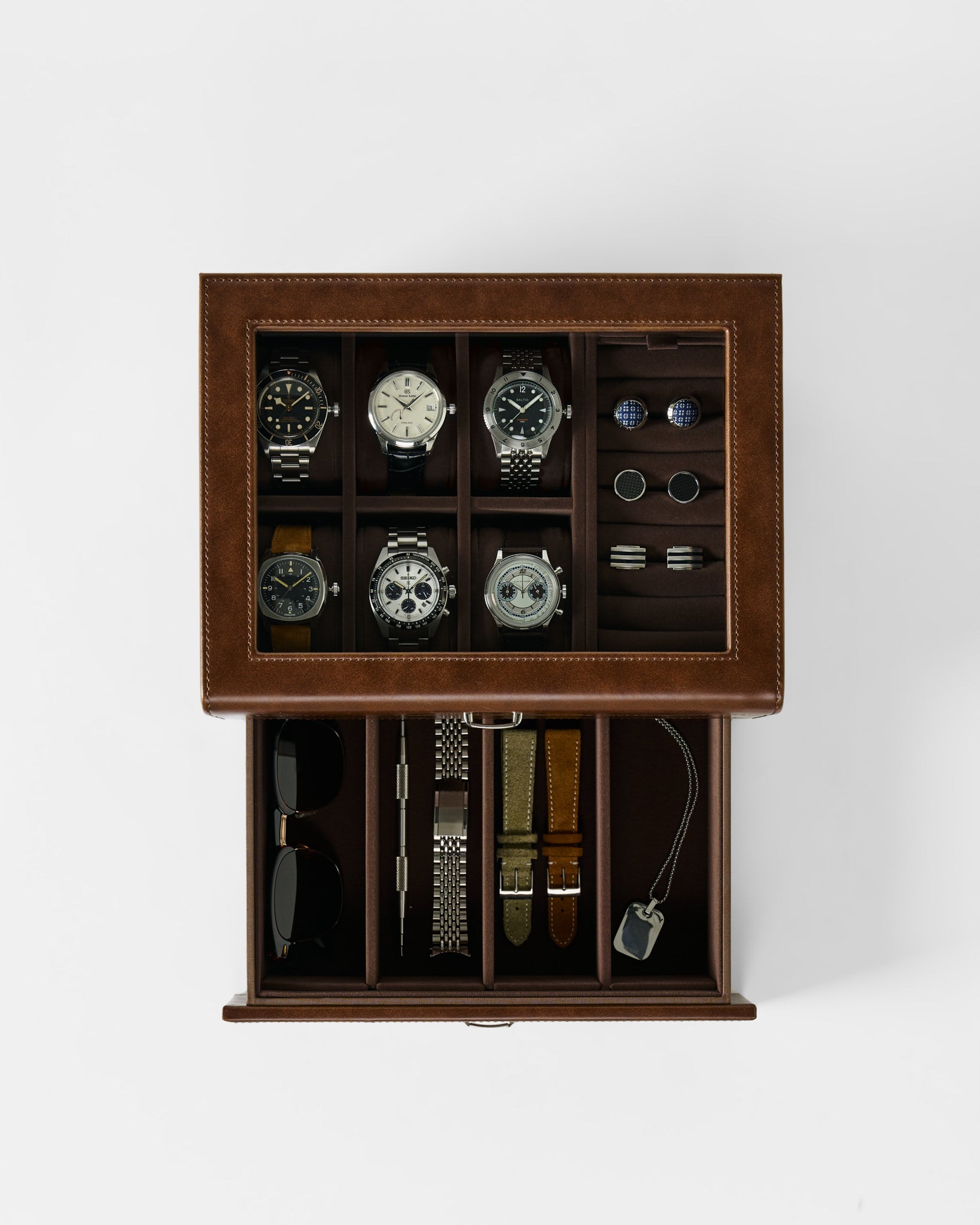 The TAWBURY Bayswater 6 Watch Jewelry Box - Brown elegantly organizes six watches, four cufflink pairs, two sunglasses, three watch straps, and a key in separate compartments for stylish storage.