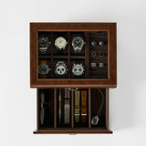 The TAWBURY Bayswater 6 Watch Jewelry Box - Brown elegantly organizes six watches, four cufflink pairs, two sunglasses, three watch straps, and a key in separate compartments for stylish storage.