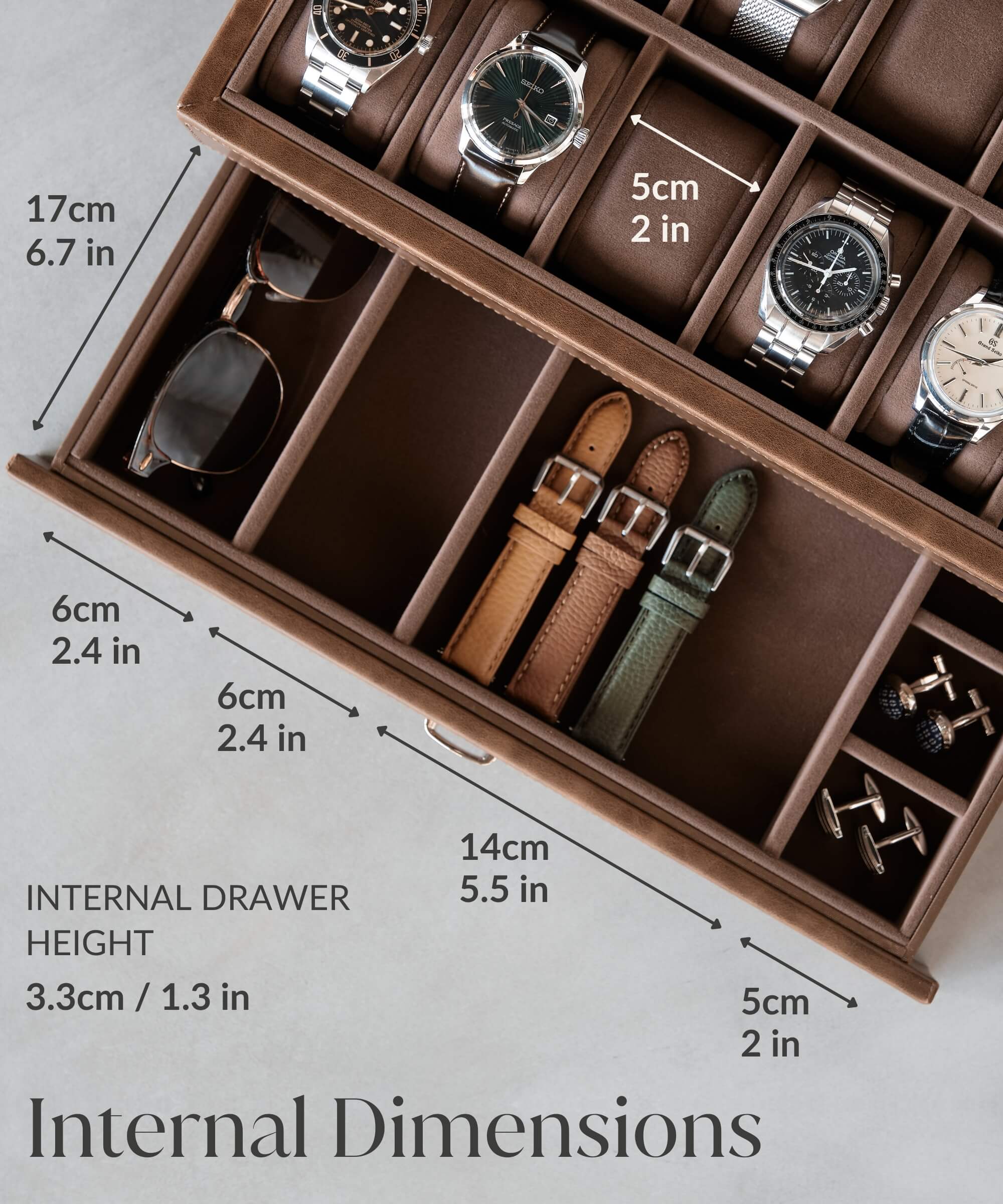 A TAWBURY Bayswater 12 Slot Watch Box with Drawer - Brown for storage and display of timepieces.