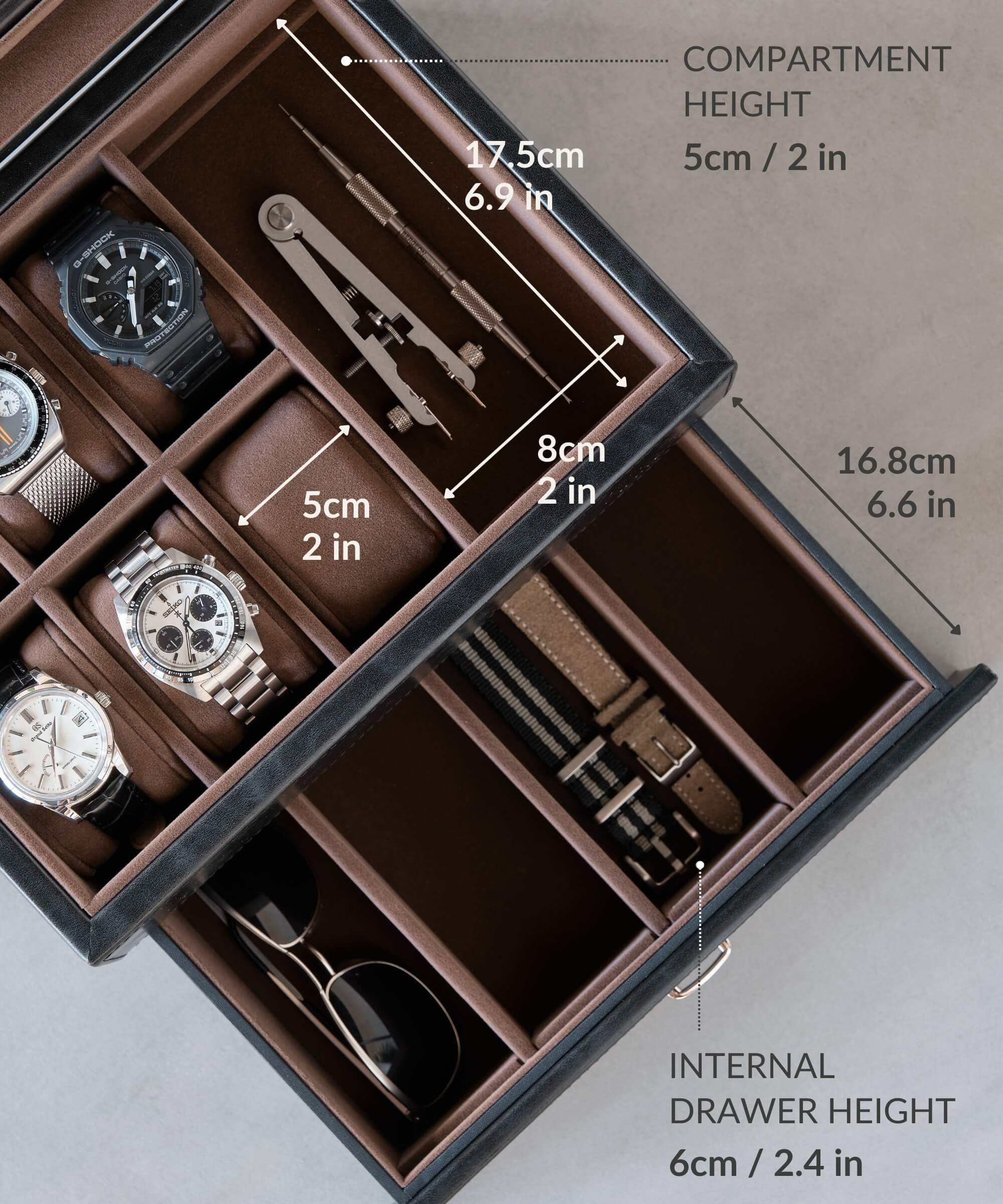The TAWBURY Bayswater 6 Watch Jewellery Box - Black is perfect for those looking to protect and organise their collection of watches. Made of sleek black leather, this watch box can hold a number of.