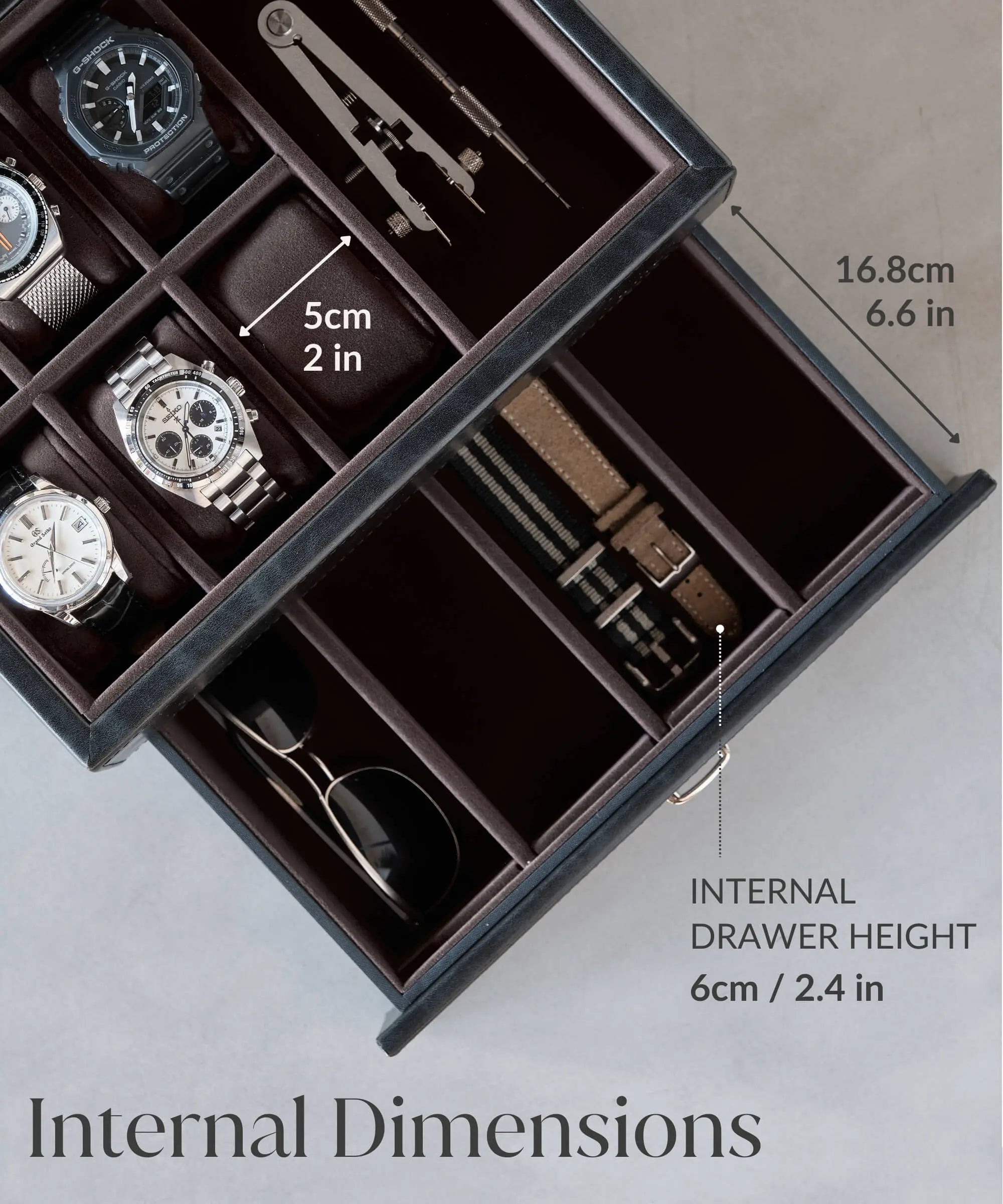The TAWBURY Bayswater 6 Watch Jewellery Box in Black/Charcoal features labeled compartments (5cm x 2in), a drawer (16.8cm x 6.6in), and an internal drawer height of 6cm x 2.4in for organized storage.