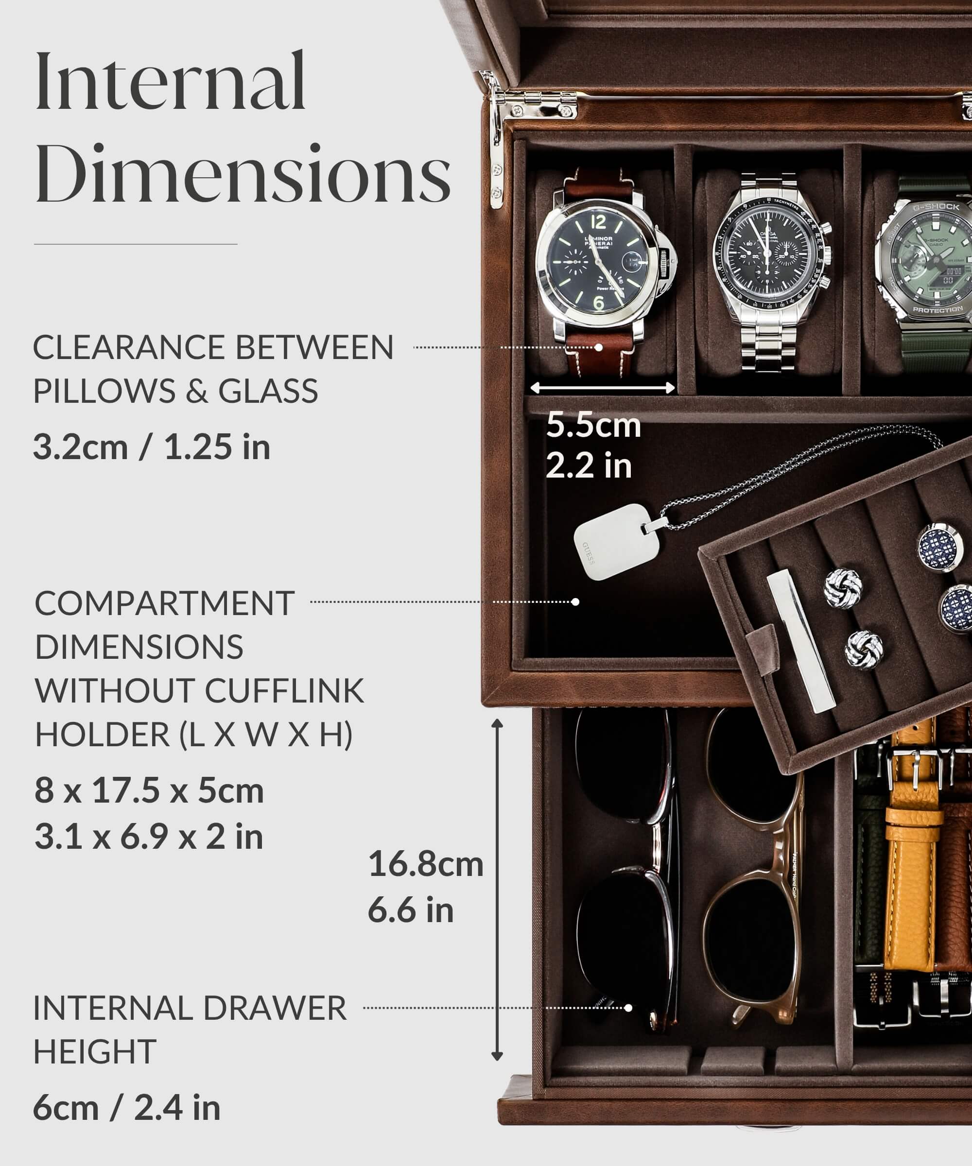 The internal dimensions of a TAWBURY Bayswater 3 Watch Jewellery Box - Brown, a wooden case perfect for timepieces and other lifestyle accessories.