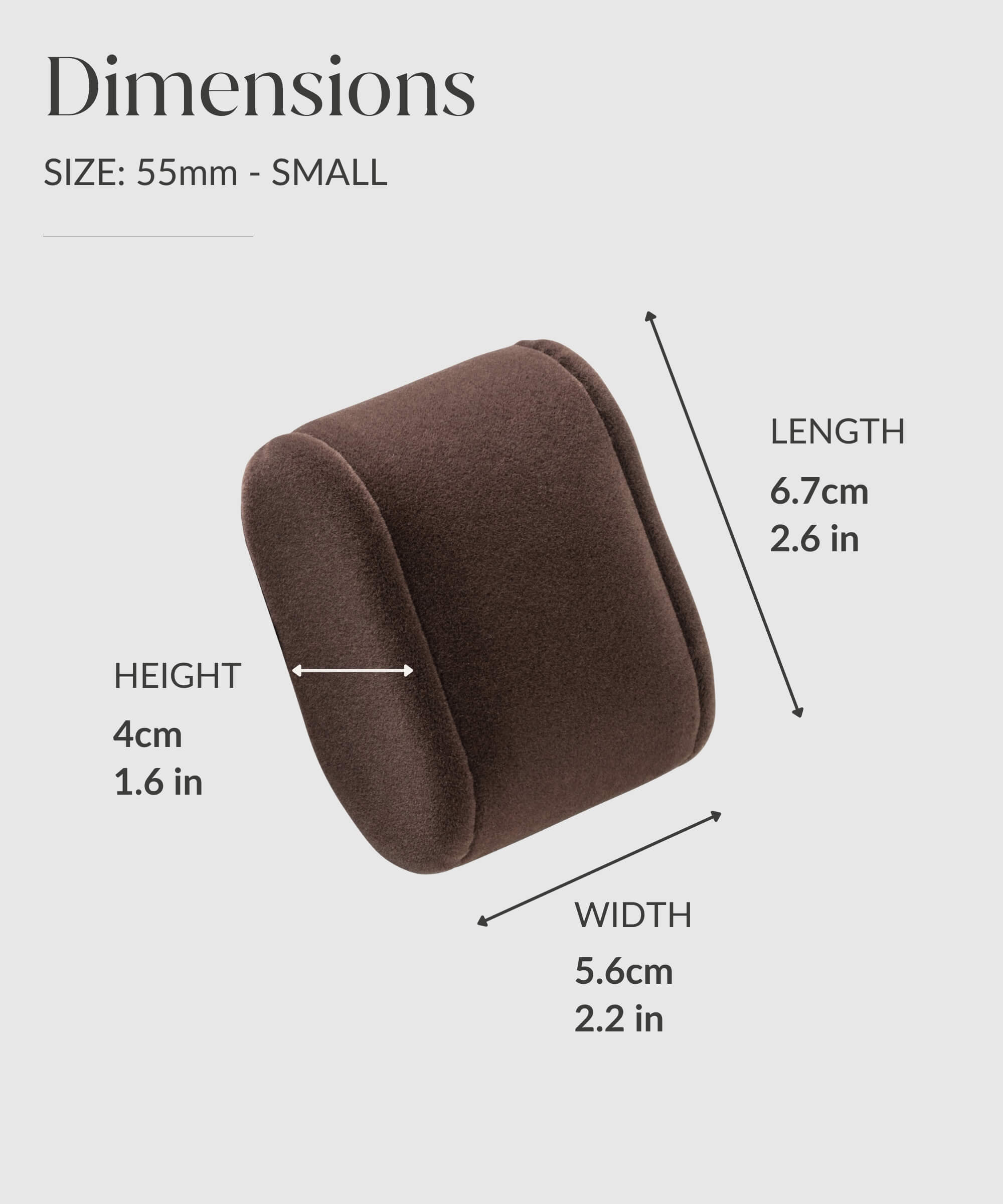 The dimensions of a brown TAWBURY Bayswater Replacement Watch Box Pillows - 55mm - Small.