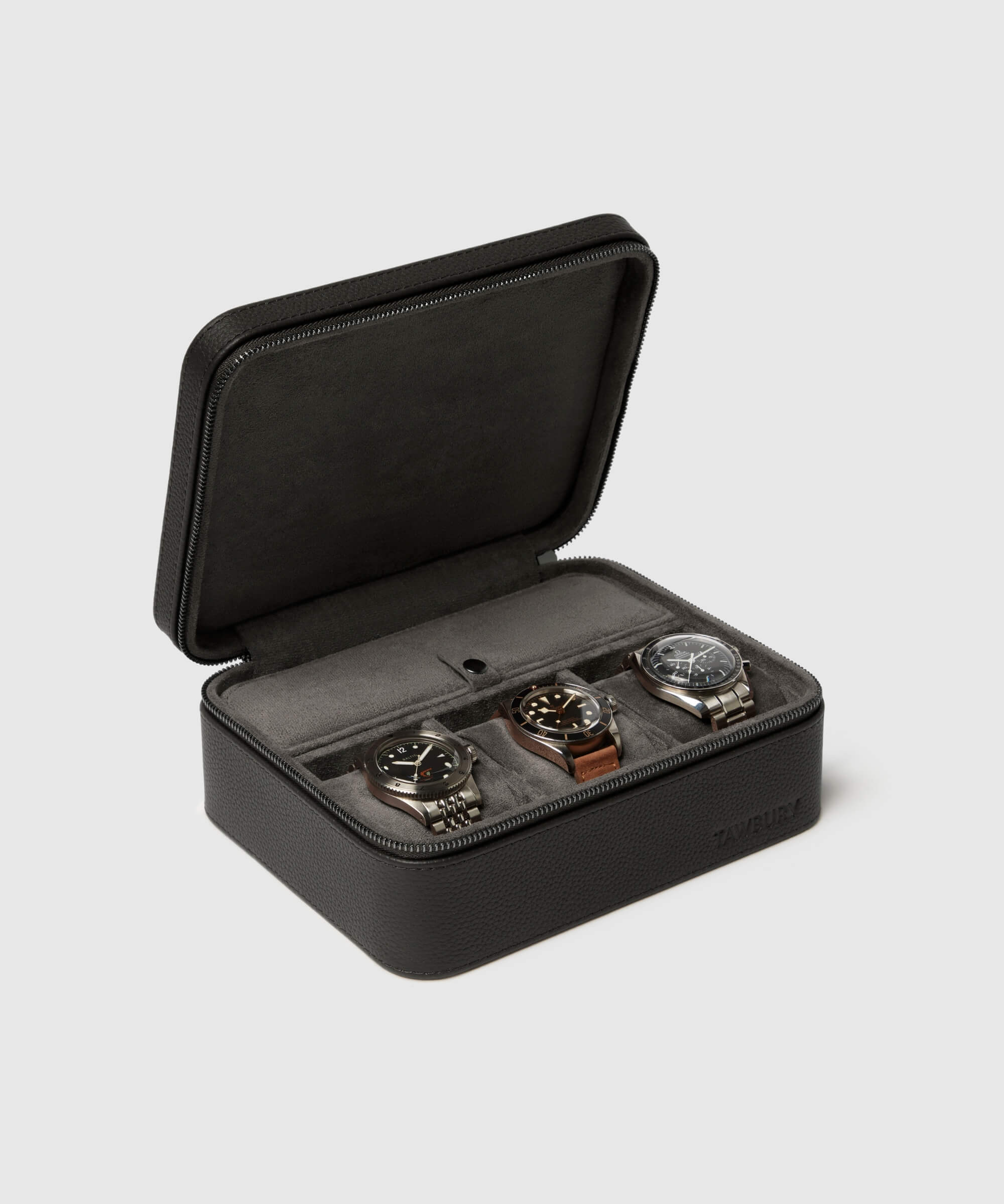 A TAWBURY Fraser 3 Watch Travel Case with Storage - Black offering protection for watch lovers, housing four black watches.
