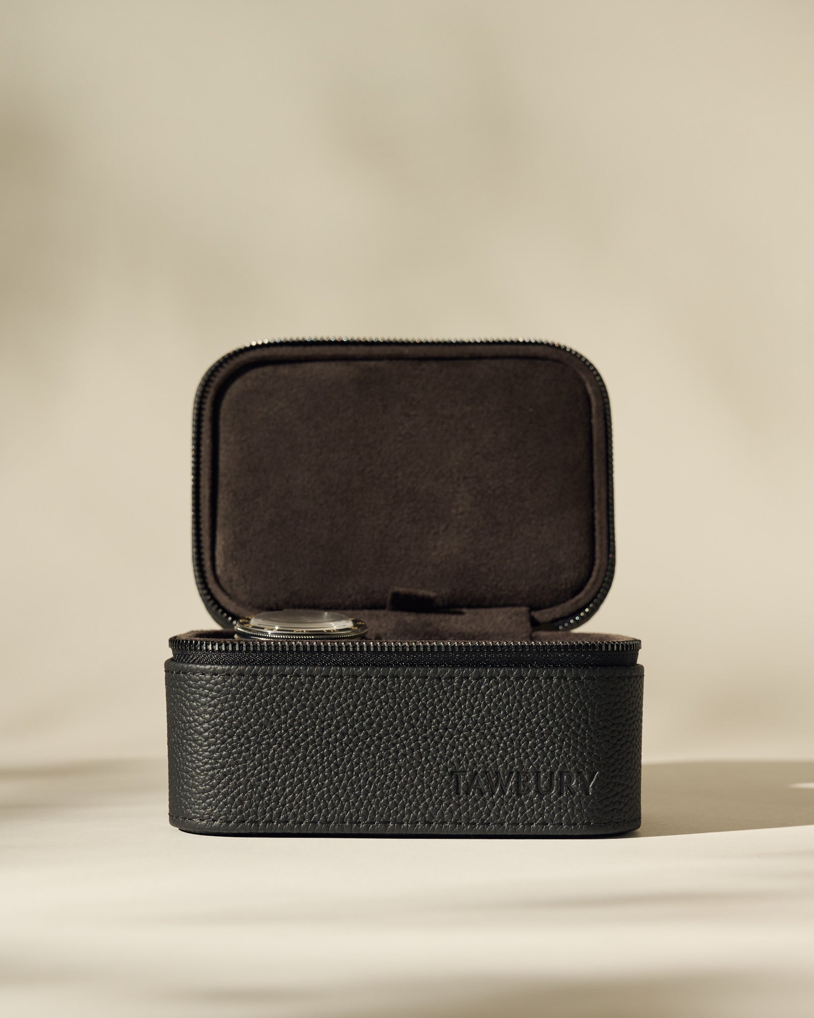 The TAWBURY Fraser 2 Watch Case - Black features a textured leather exterior and soft dark interior, designed for dual watch storage. Shown open and empty against a neutral background.