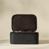 The TAWBURY Fraser 2 Watch Case - Black features a textured leather exterior and soft dark interior, designed for dual watch storage. Shown open and empty against a neutral background.