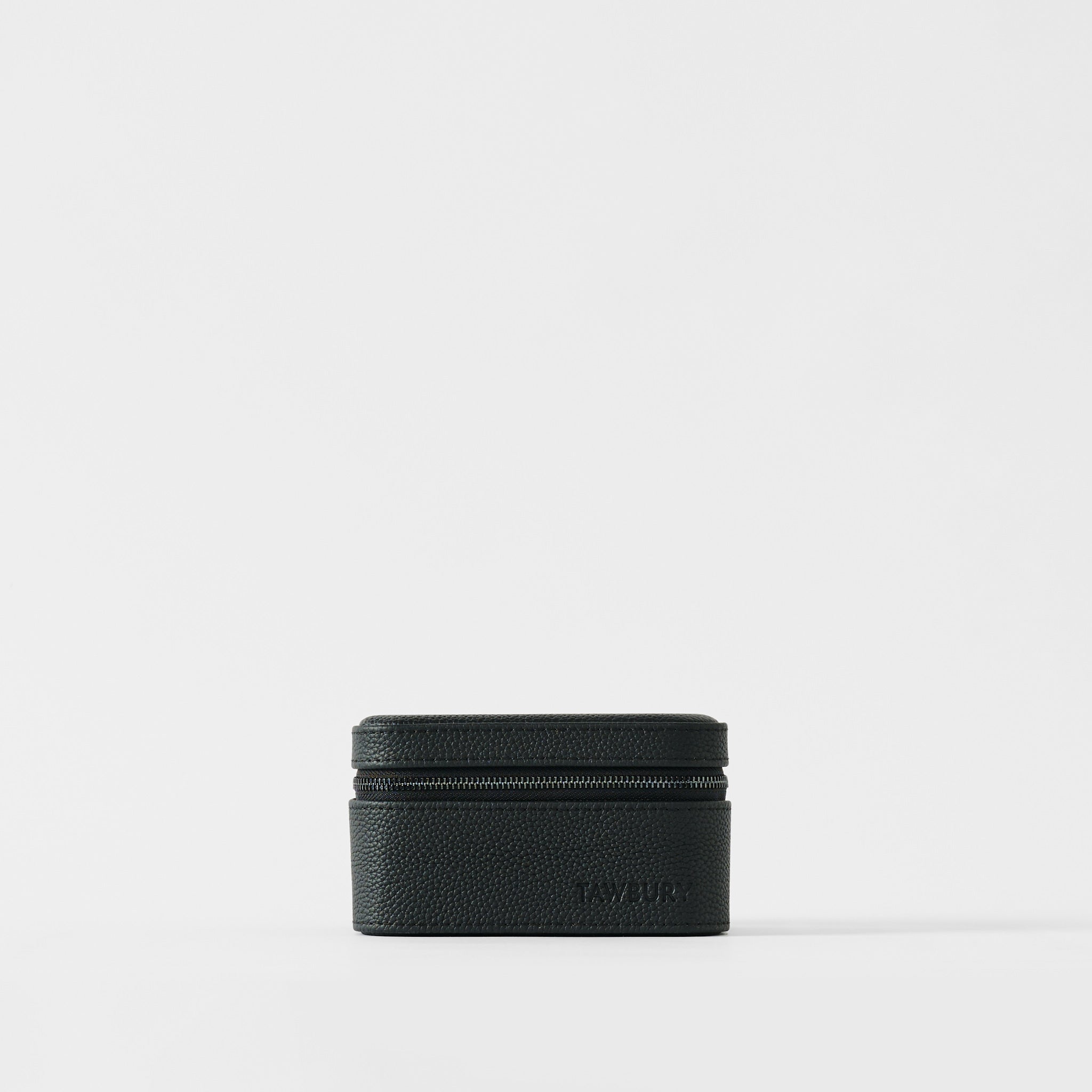 The TAWBURY Fraser 2 Watch Case in Midnight Black, featuring a small, rectangular leather design with a textured finish, is set against a plain white background.