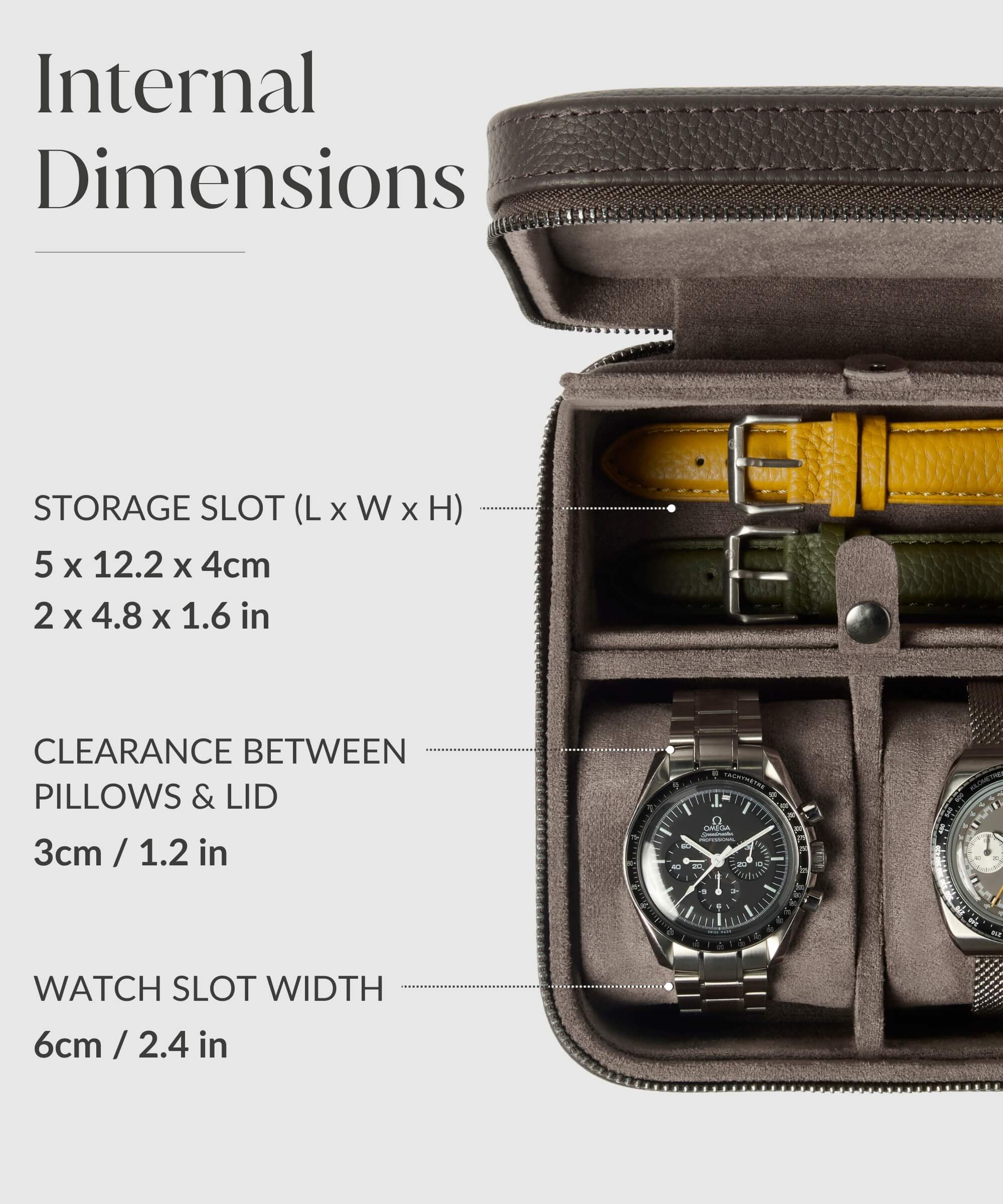 An image of a watch case with a number of watches inside, featuring the Fraser 2 Watch Travel Case with Storage - Brown from the TAWBURY range.