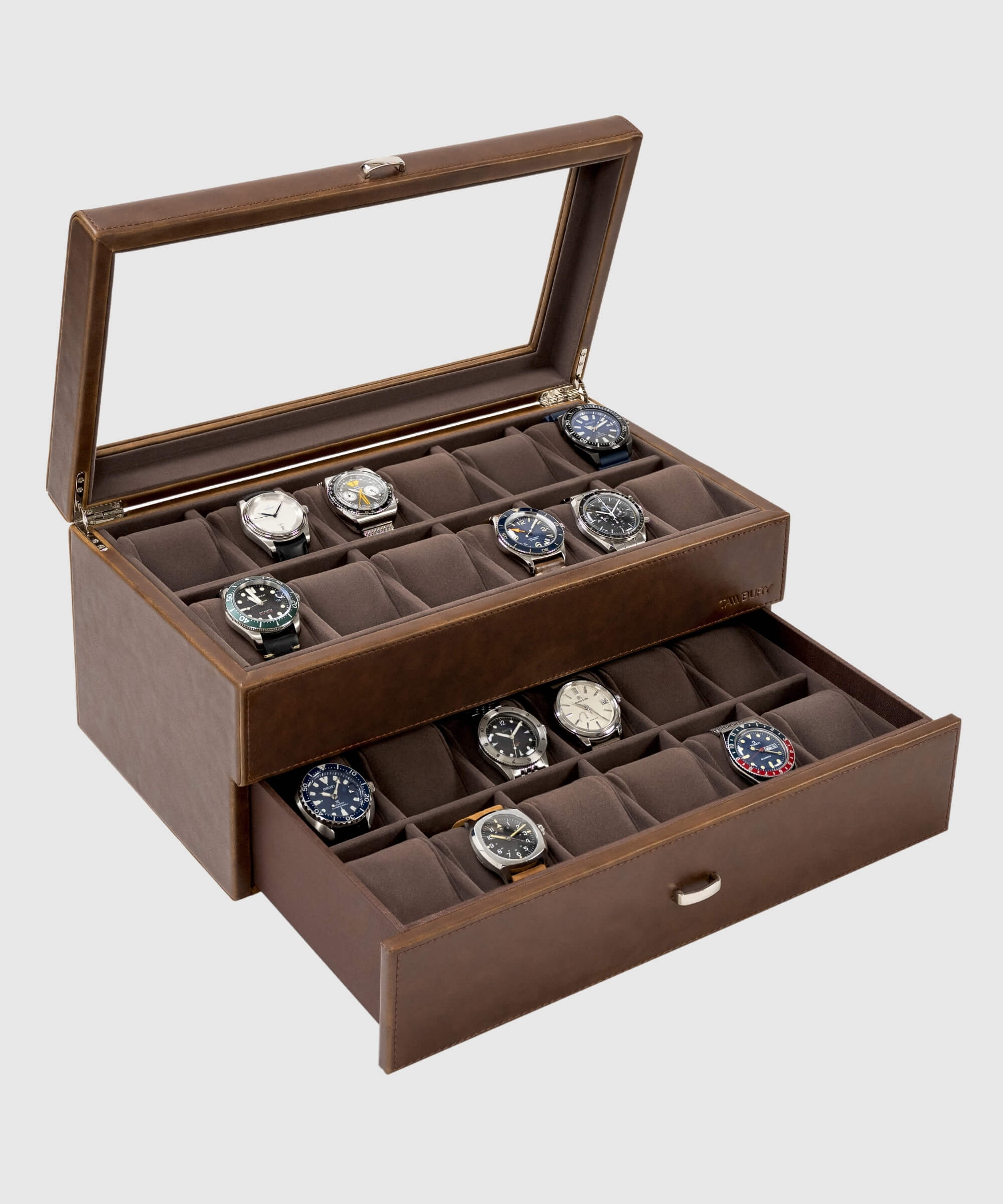 The TAWBURY Bayswater 24 Slot Watch Box with Drawer - Brown is a sleek brown watch box designed to organise and display several watches. It is perfect for watch enthusiasts looking to protect their precious timepieces.