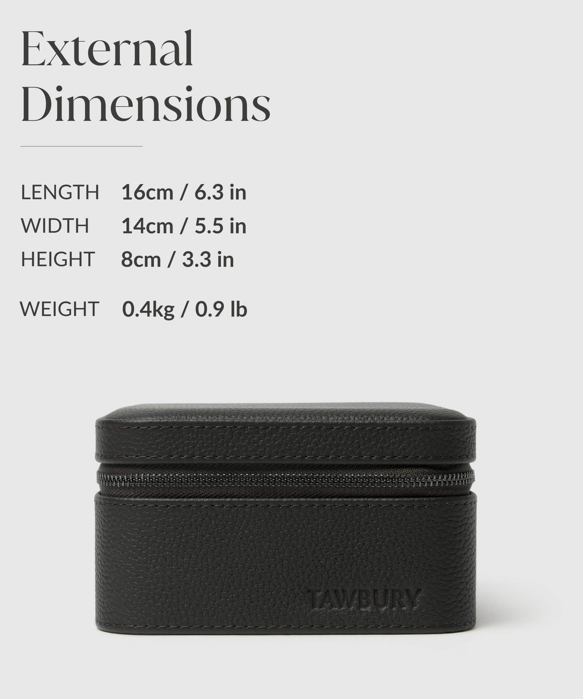 The external dimensions of a TAWBURY Fraser 2 Watch Travel Case with Storage - Black, designed for protection and perfect for a watch lover.
