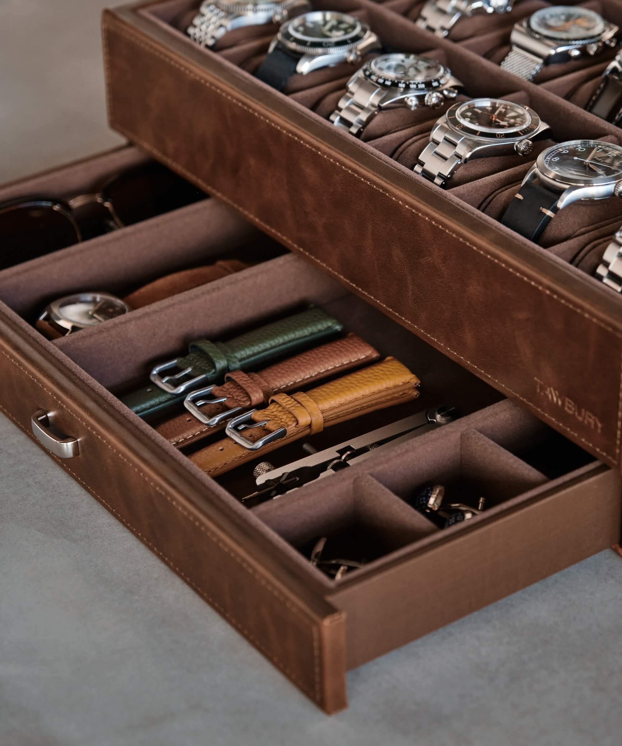 A TAWBURY Bayswater 12 Slot Watch Box with Drawer - Brown, providing storage for multiple timepieces.