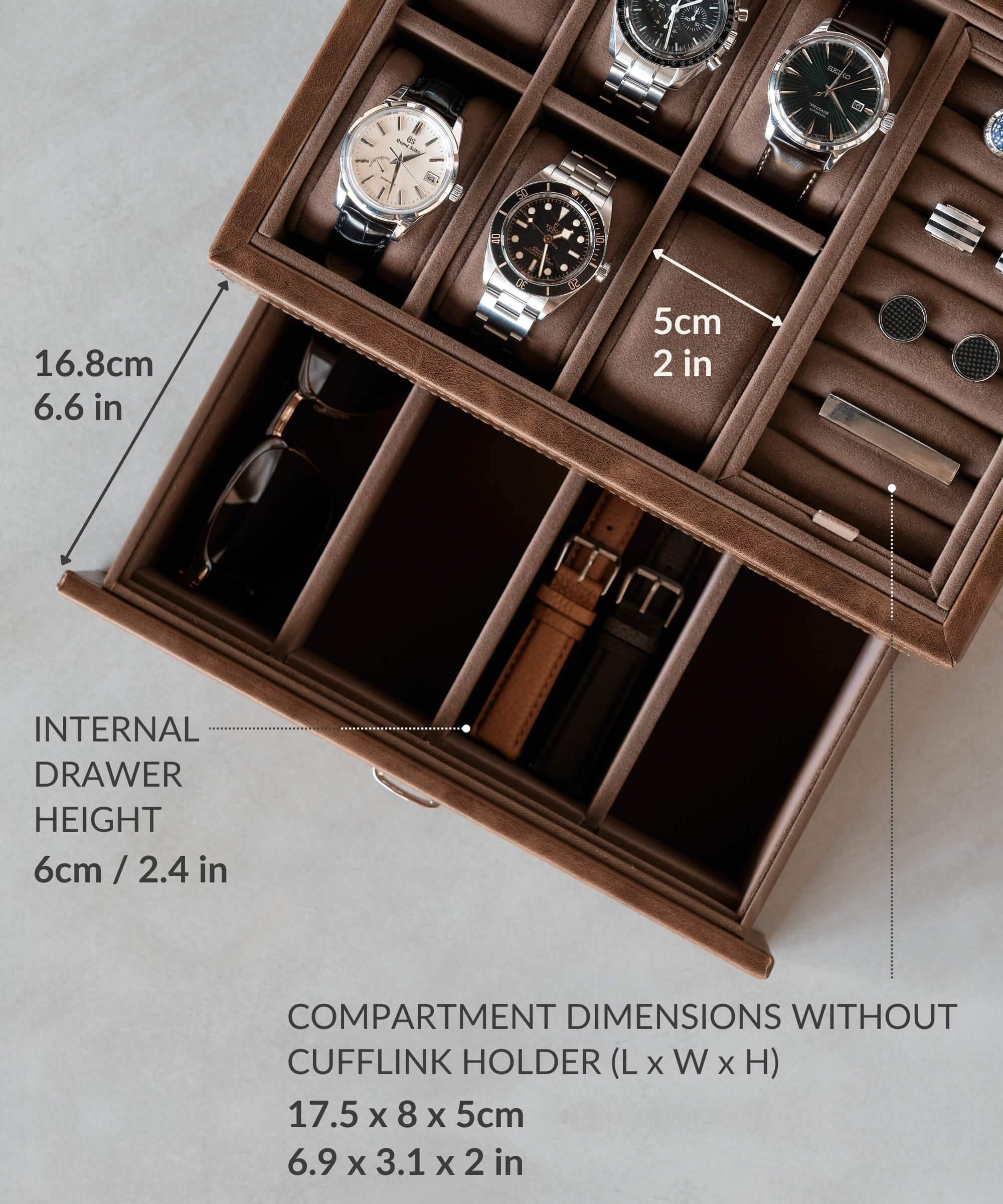 A TAWBURY Bayswater 6 Watch Jewellery Box - Brown with a number of watches in it, perfect for watch enthusiasts.