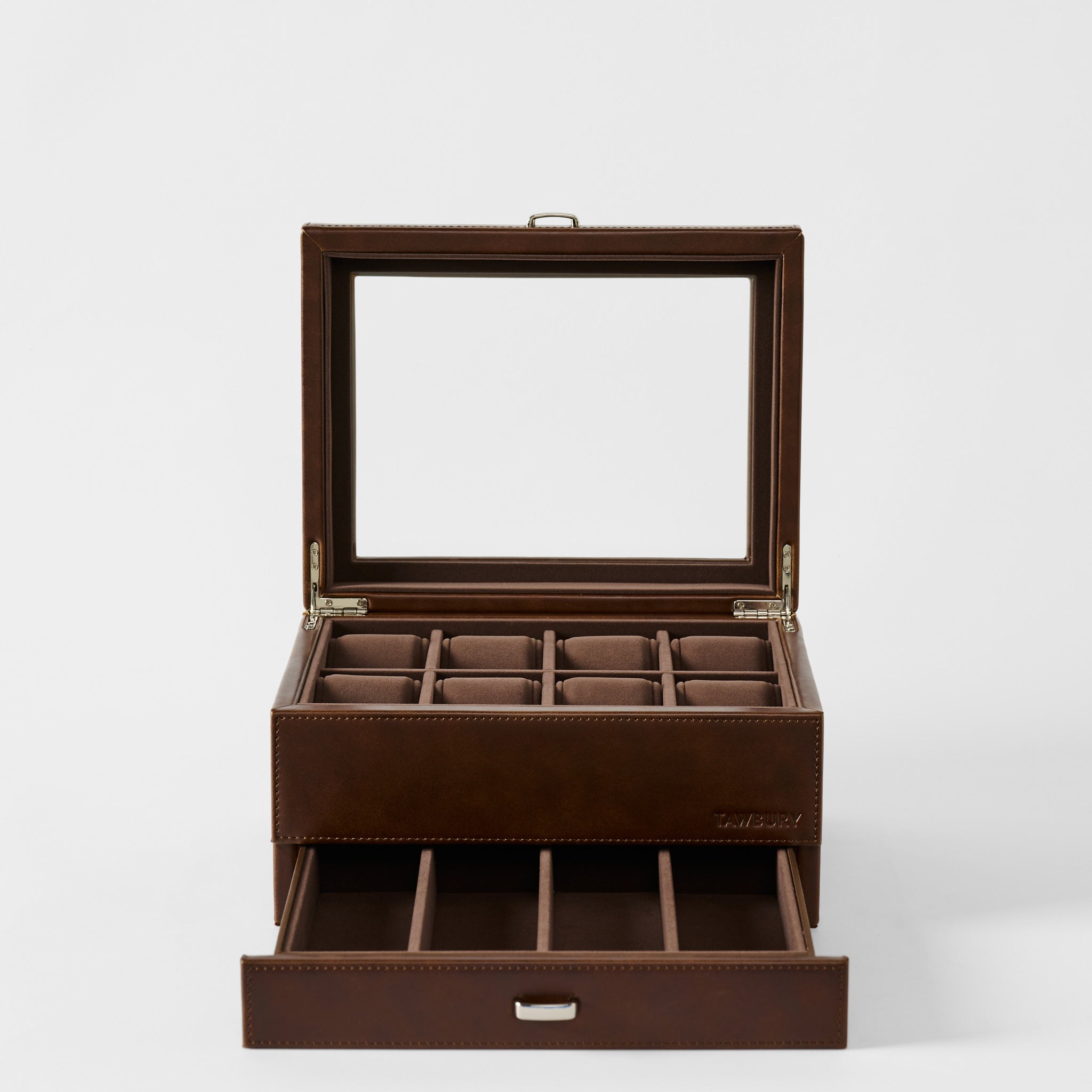 The TAWBURY Bayswater 8 Slot Watch Box with Storage in Chestnut Brown features a glass lid, eight watch compartments on top, and an open drawer with extra storage sections below.
