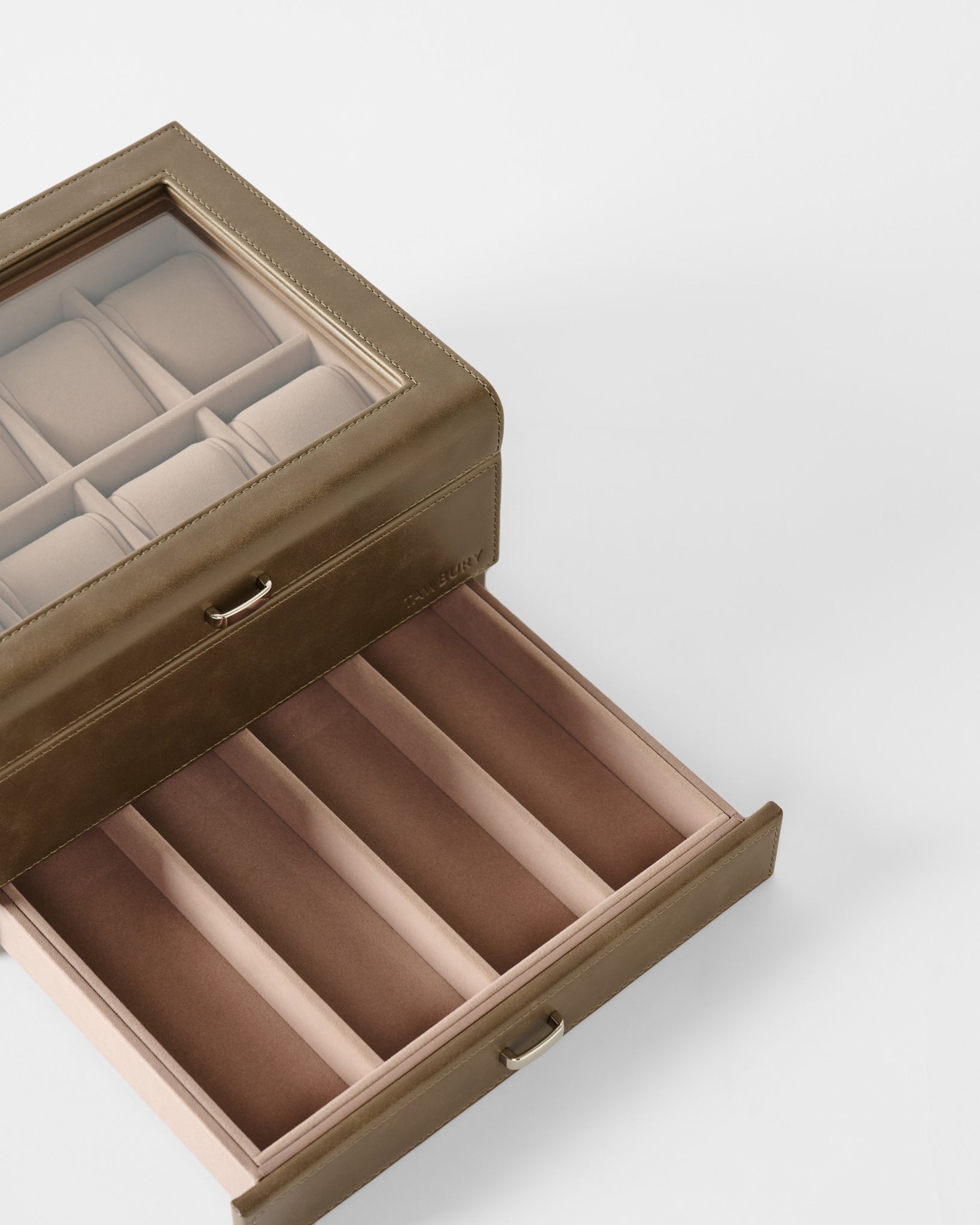 The TAWBURY Bayswater 8 Slot Watch Box with Storage in taupe features a glass lid, padded watch pillows on top, and a lower drawer with divided sections, displayed against a plain white background.