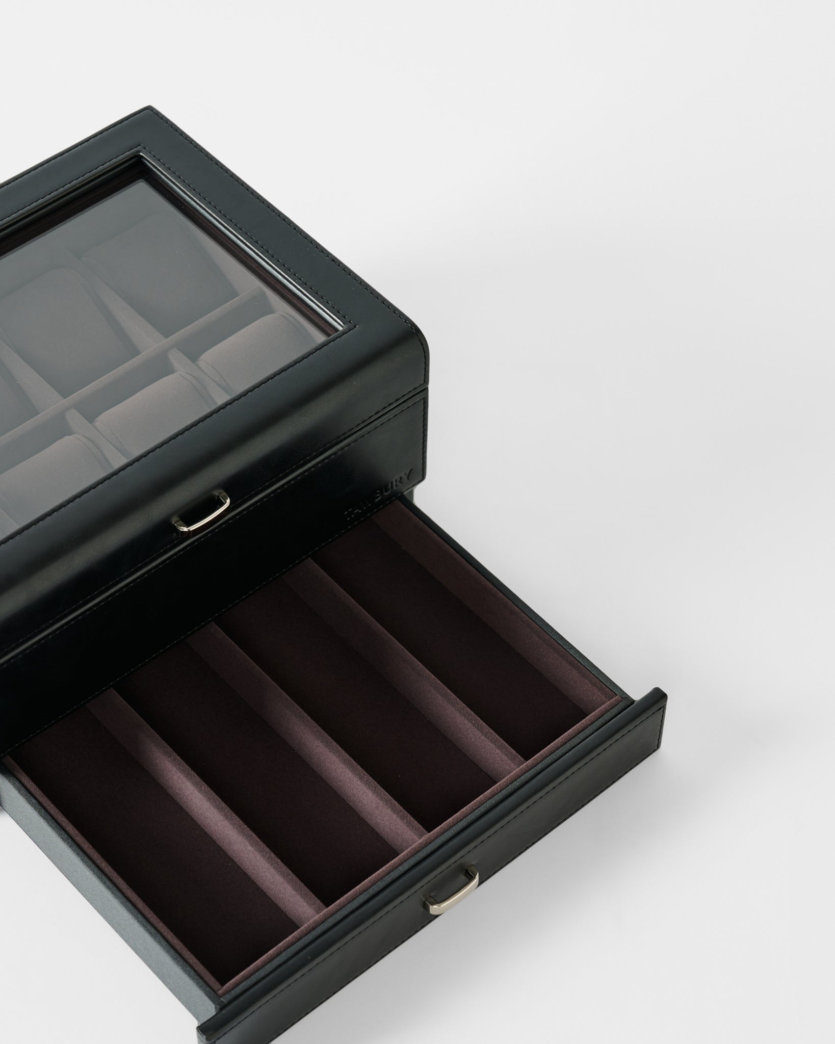 The TAWBURY Bayswater 8 Slot Watch Box with Storage in Black/Charcoal features a glass lid, an open drawer, and velvet-lined compartments for stylish watch and accessory display.