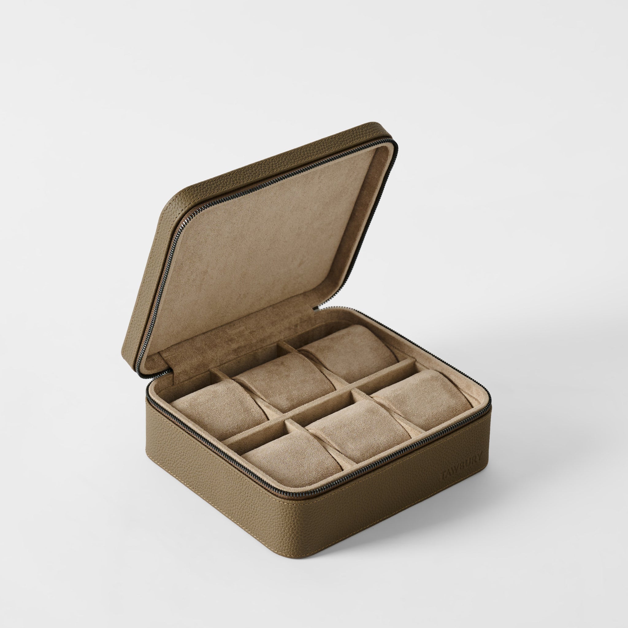 The TAWBURY Fraser 6 Watch Case in Truffle Taupe features a brown textured leather finish, hinged lid, and six cushioned compartments for organizing watches or jewelry.