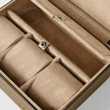The TAWBURY Fraser 3 Watch Case with Storage in taupe features a zippered closure, multiple padded compartments, and a suede-like interior for elegant watch storage.