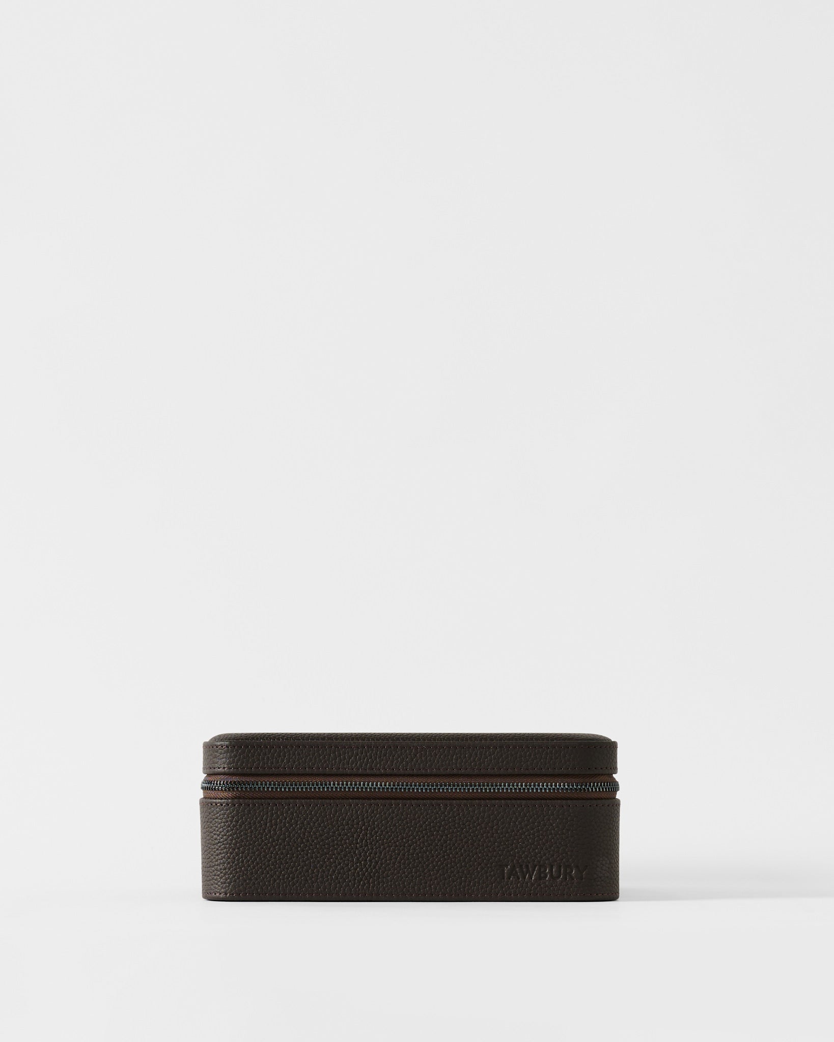 The TAWBURY Fraser 3 Watch Case - Brown is a rectangular, textured leather case with a zipper, shown centered on a plain white background—ideal for travel watch storage.