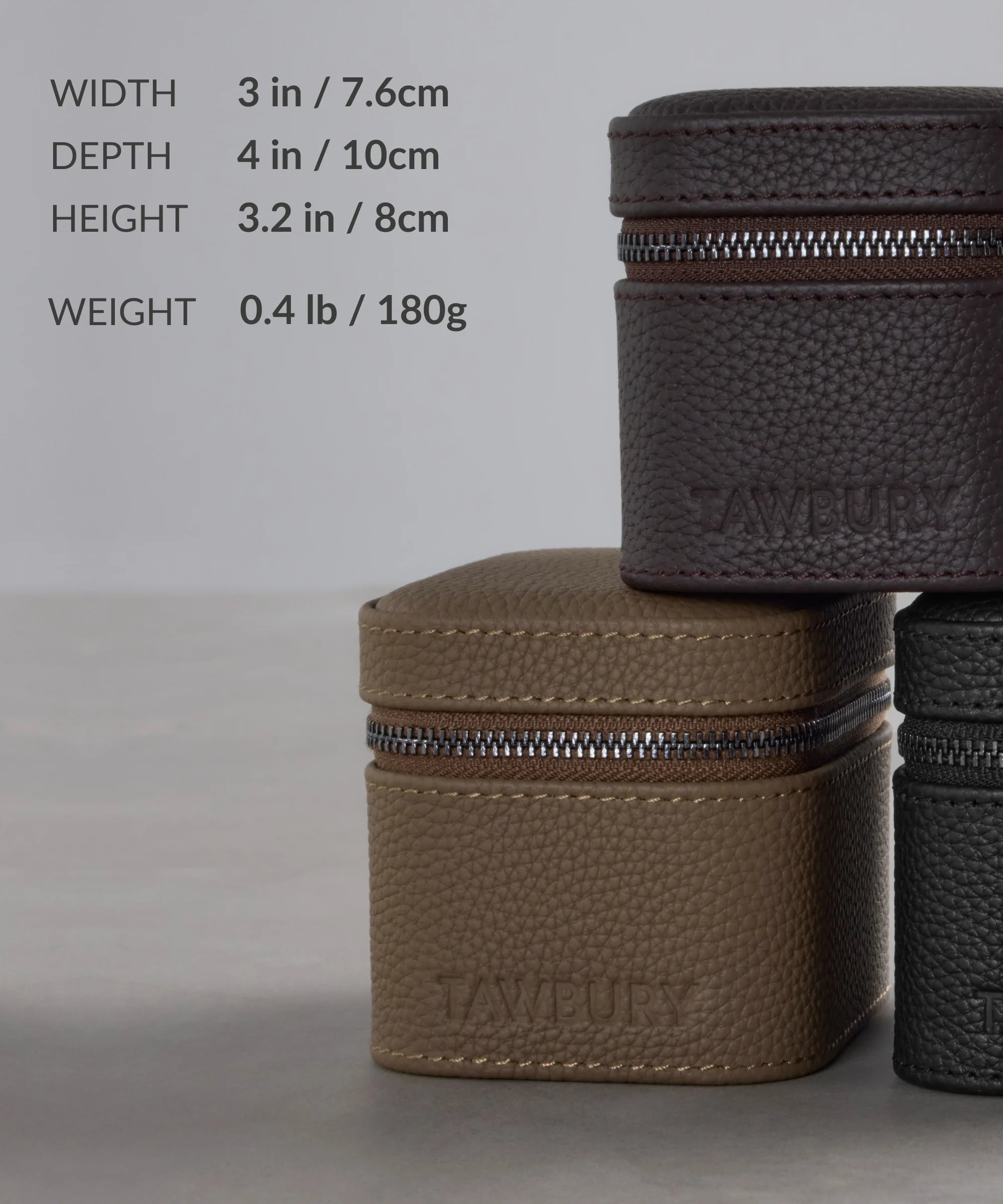 The TAWBURY Fraser 1 Watch Travel Case in Taupe (Coming Soon) is pictured with its dimensions and weight—ideal as a stylish travel or single watch case.