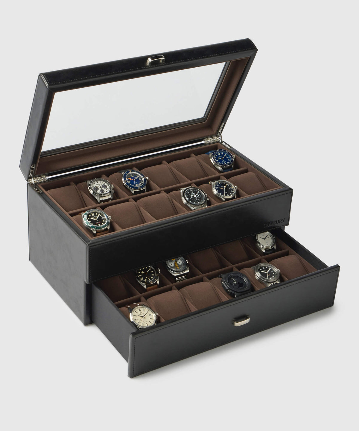 The Bayswater 24 Slot Watch Box with Drawer - Black, by TAWBURY, crafted from sleek black vegan leather, offers two open drawers ideal for watch enthusiasts. It elegantly showcases multiple wristwatches, each neatly arranged in individual slots.