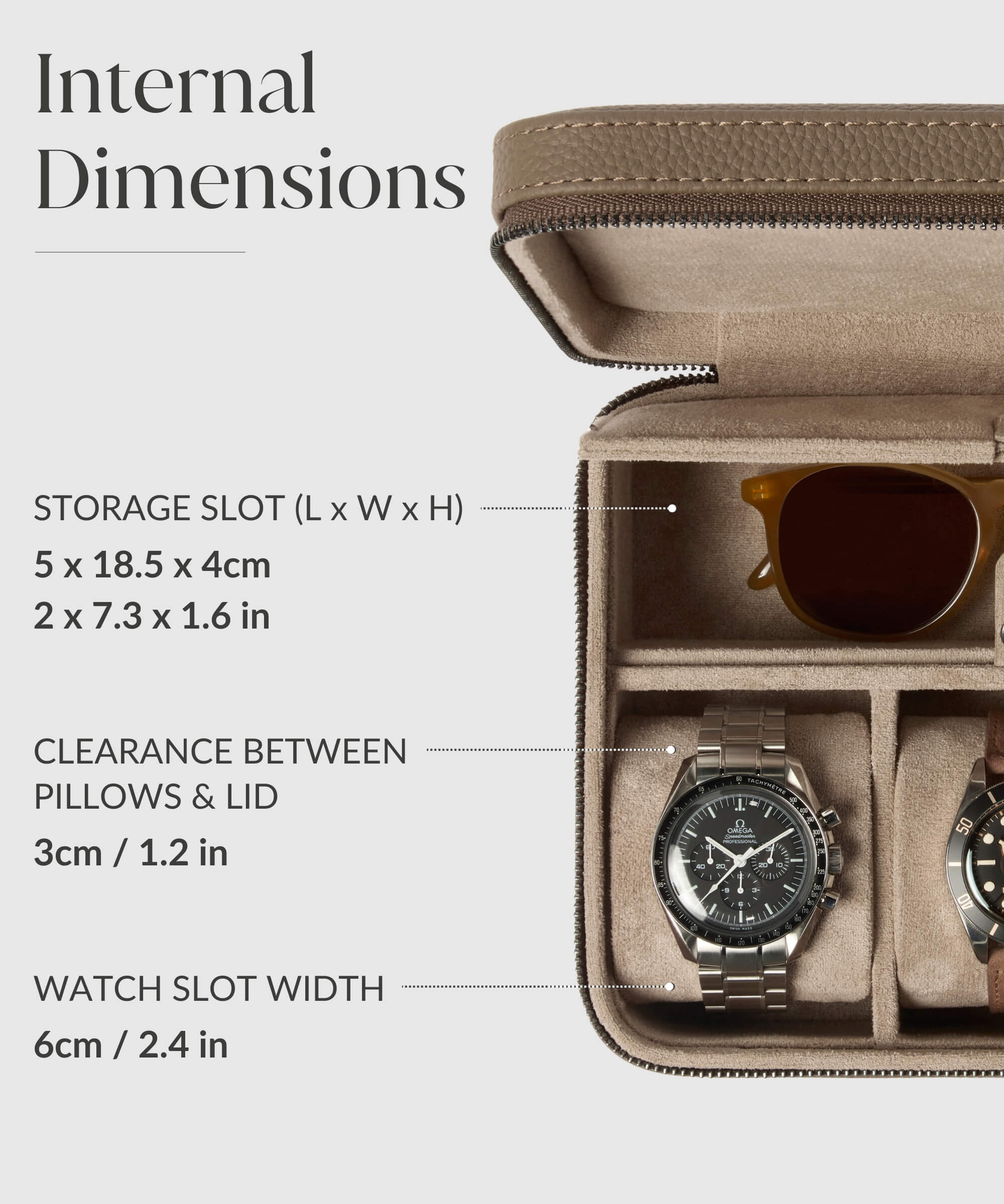 A TAWBURY Fraser 3 Watch Travel Case with Storage - Taupe designed for watch lovers, providing protection for their cherished timepieces and sunglasses during their journeys.