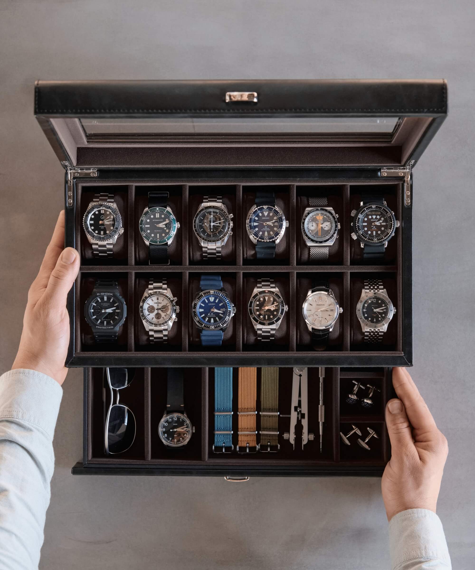 Watch With Box 12 Slot Watch Box with Storage (Black) | TAWBURY Bayswater Collection