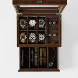 The TAWBURY Bayswater 6 Watch Jewelry Box in brown features compartments for six watches, cuffs, straps, a key, sunglasses, and a watch tool—offering elegant and organized watch storage.
