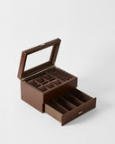 The TAWBURY Bayswater 6 Watch Jewelry Box in brown displays multiple compartments and a partially open drawer with the lid up, perfect for watch storage, set against a plain white background.