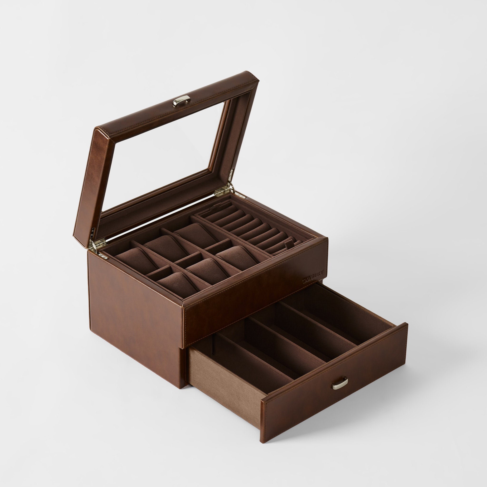 The TAWBURY Bayswater 6 Watch Jewelry Box in Chestnut Brown features a glass lid, top compartments for rings and small items, plus a spacious open drawer below for watch storage.