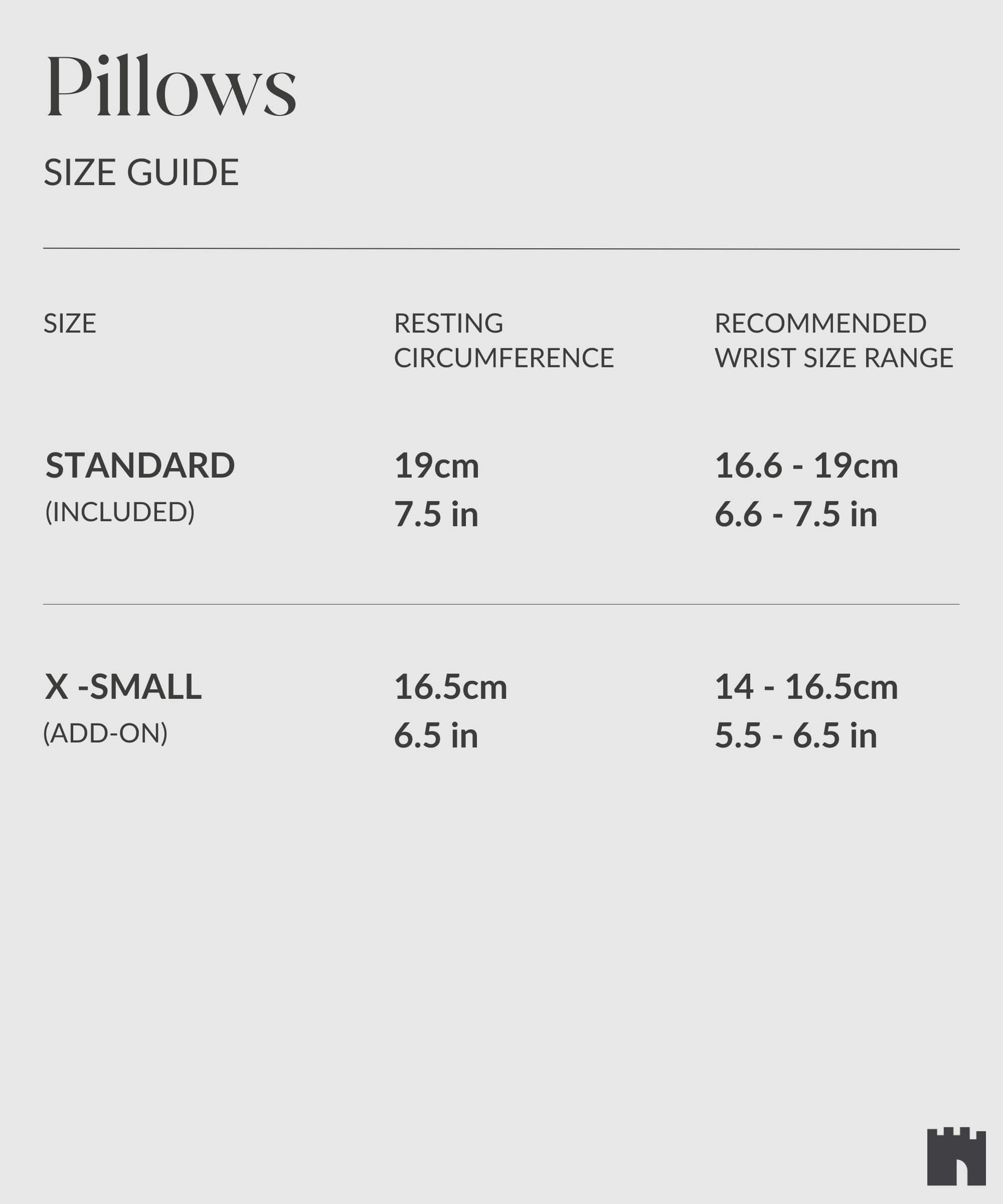 Size guide chart for pillows, perfect for your TAWBURY Fraser 4 Watch Travel Case - Black (Coming Soon), displaying dimensions for two sizes: Standard and X-Small, including Resting Circumference and Recommended Wrist Size Range in centimeters and inches.