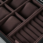 The TAWBURY Bayswater 6 Watch Jewelry Box in Black/Charcoal features velvet-lined, cushioned compartments—perfect for organized watch or jewelry storage.