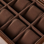 The TAWBURY Bayswater 8 Slot Watch Box with Storage features brown velvet-lined compartments and faux leather accents, offering elegant organization for multiple watches or jewelry items.