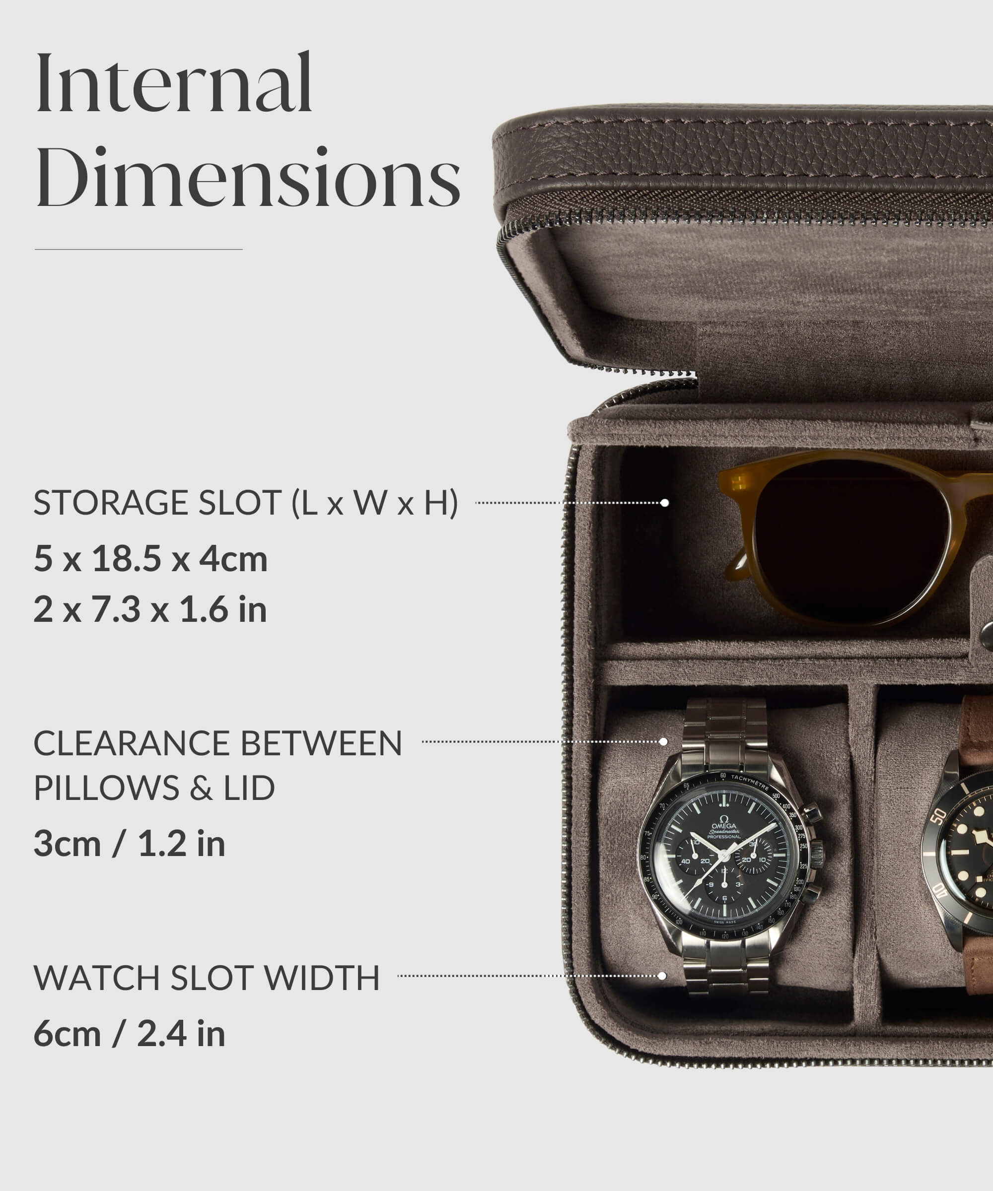 An image of a TAWBURY Fraser 3 Watch Travel Case with Storage - Brown with several watches in it.