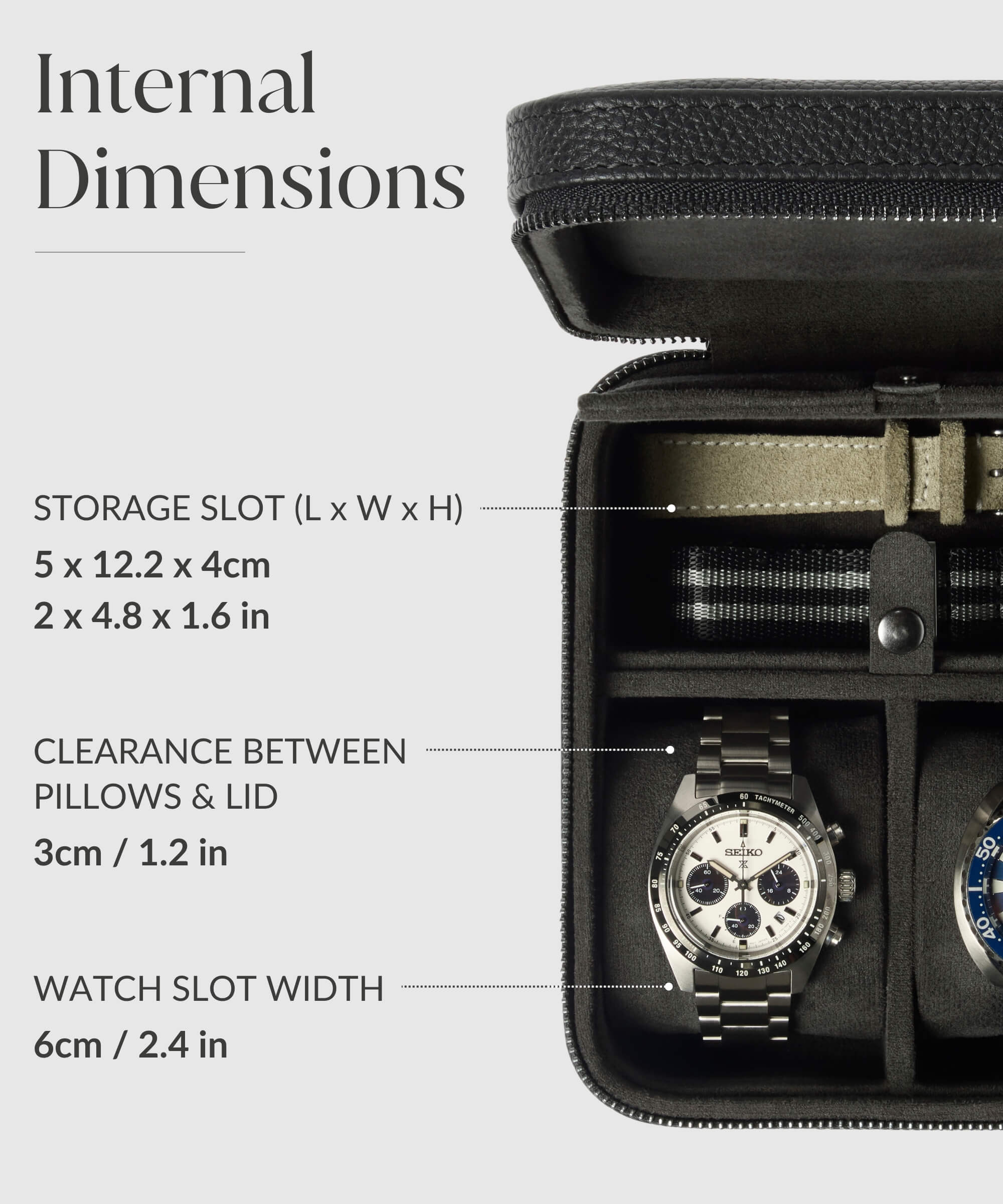A TAWBURRY Fraser 2 Watch Travel Case with Storage - Black that provides functionality and protection for three watches inside it.